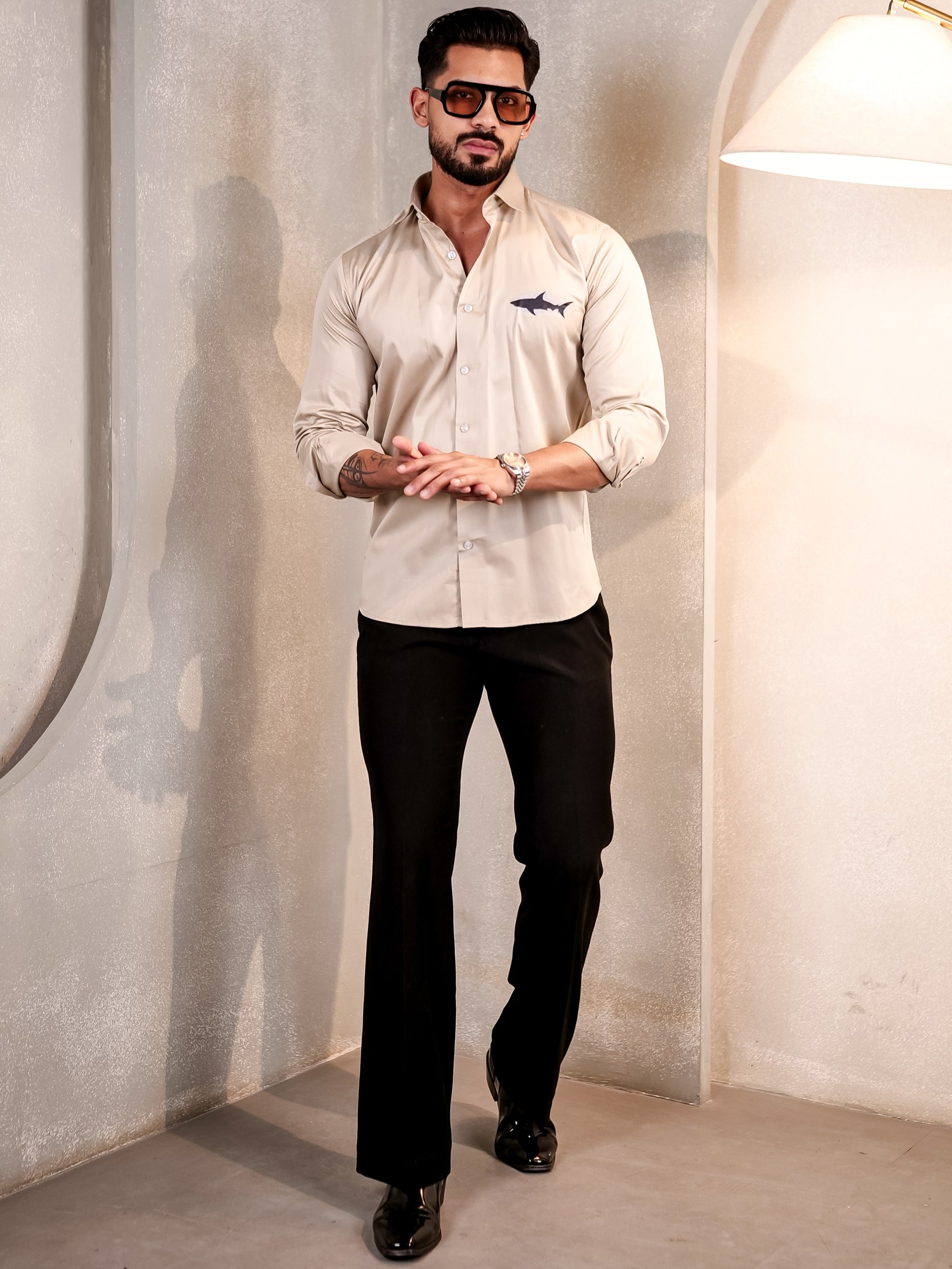 CREAM BABY SHARK CLUB WEAR PRINTED SATIN COTTON MEN'S SHIRT