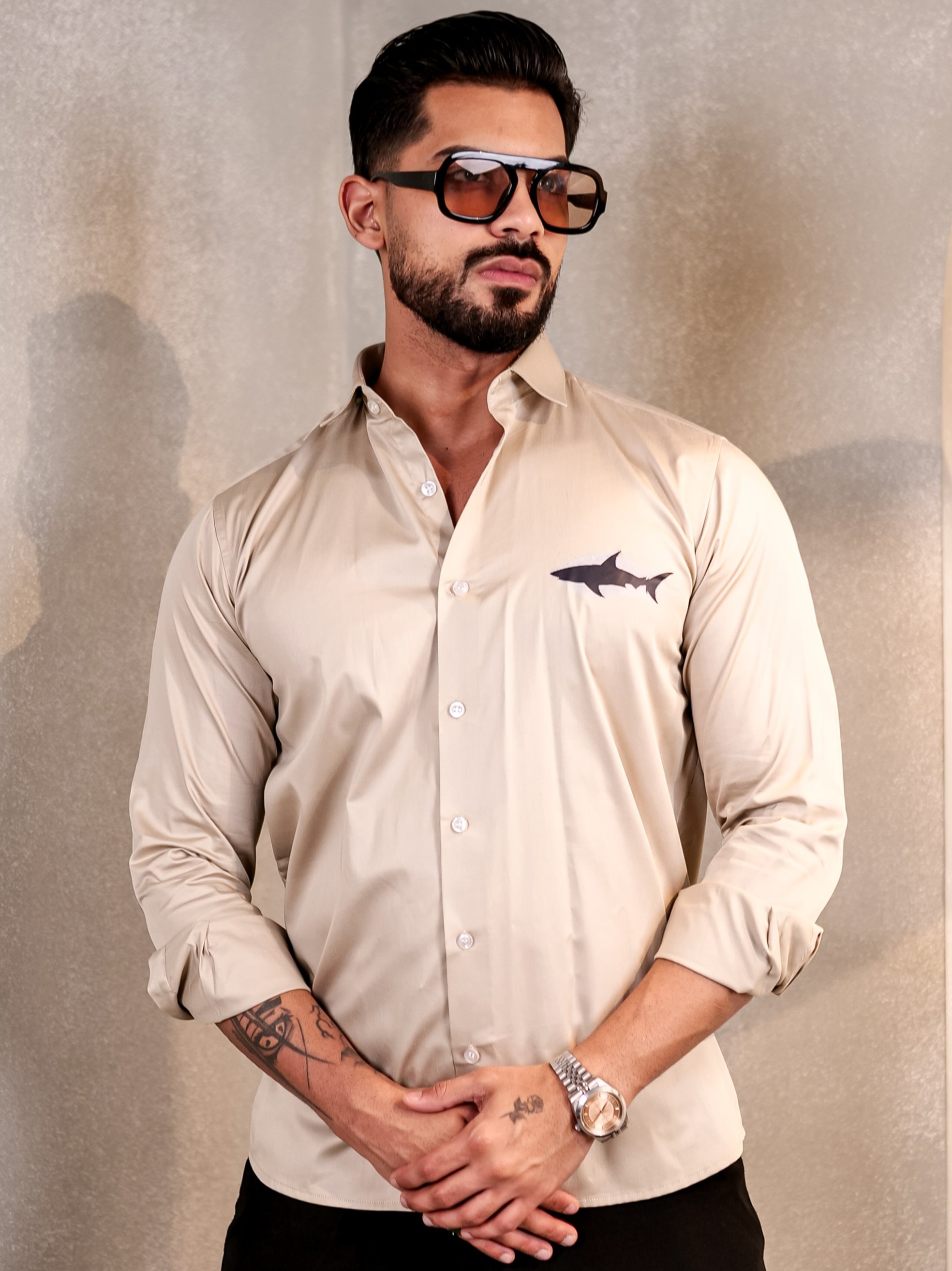 CREAM BABY SHARK CLUB WEAR PRINTED SATIN COTTON MEN'S SHIRT