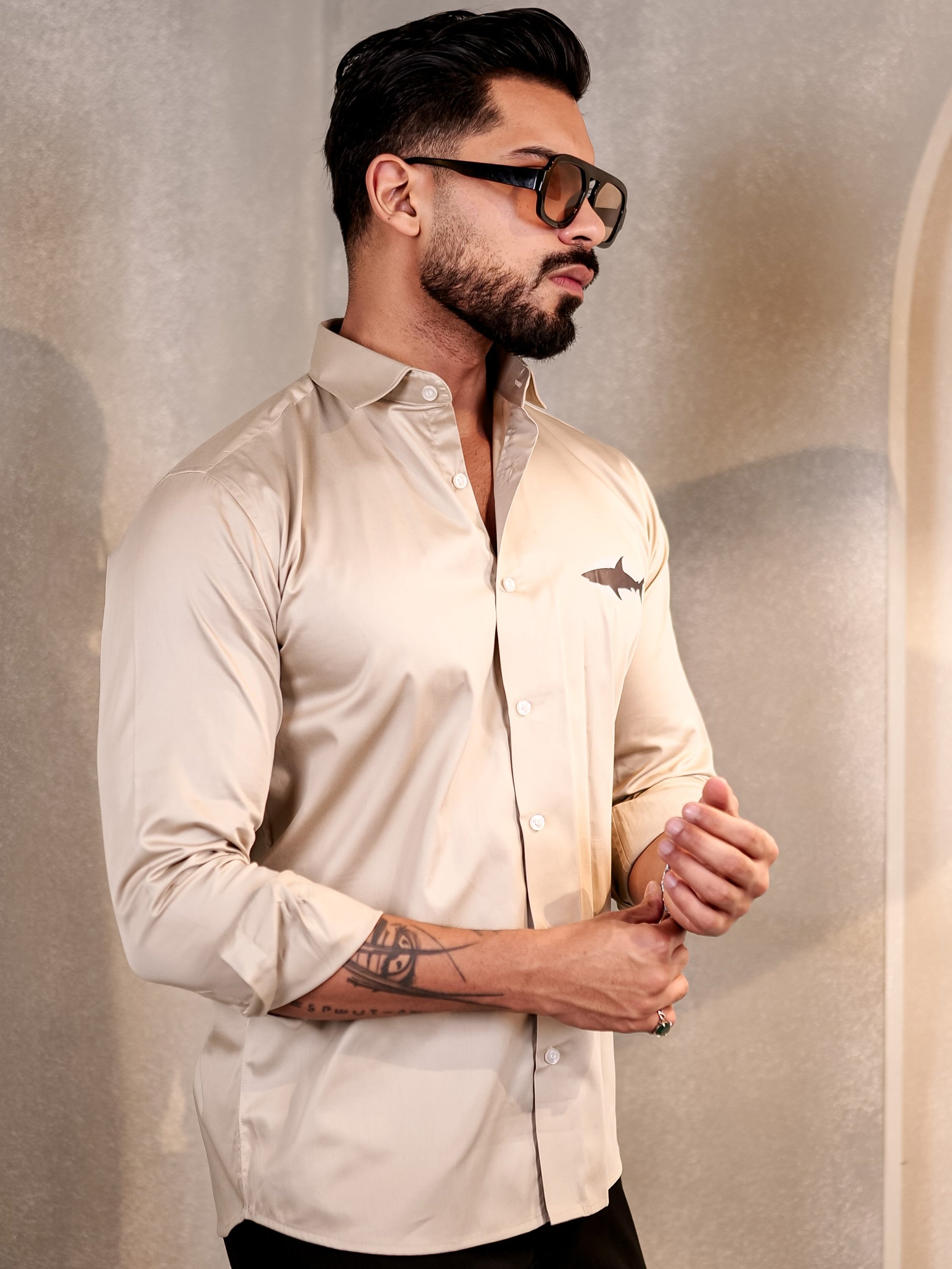 CREAM BABY SHARK CLUB WEAR PRINTED SATIN COTTON MEN'S SHIRT