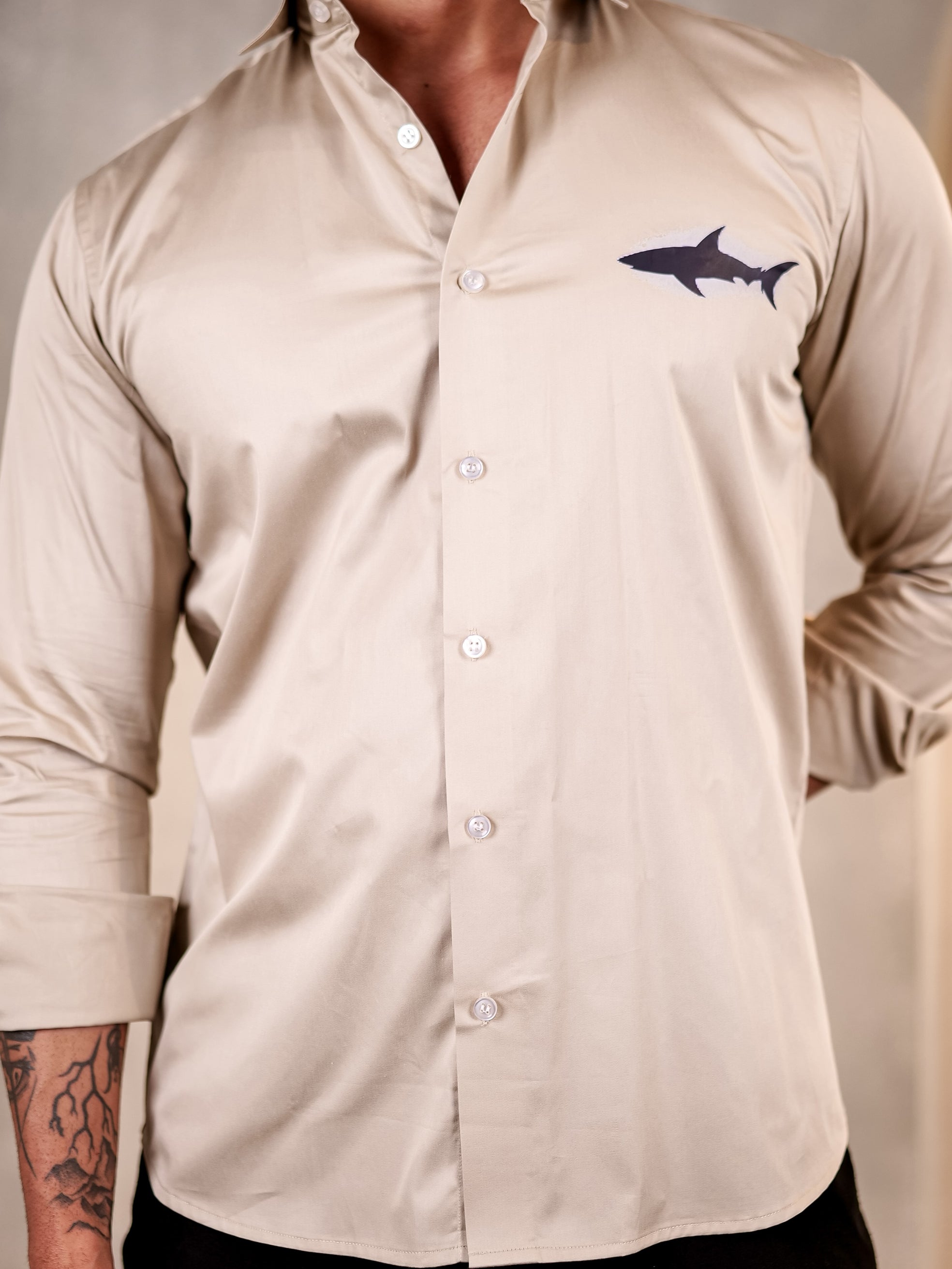 CREAM BABY SHARK CLUB WEAR PRINTED SATIN COTTON MEN'S SHIRT