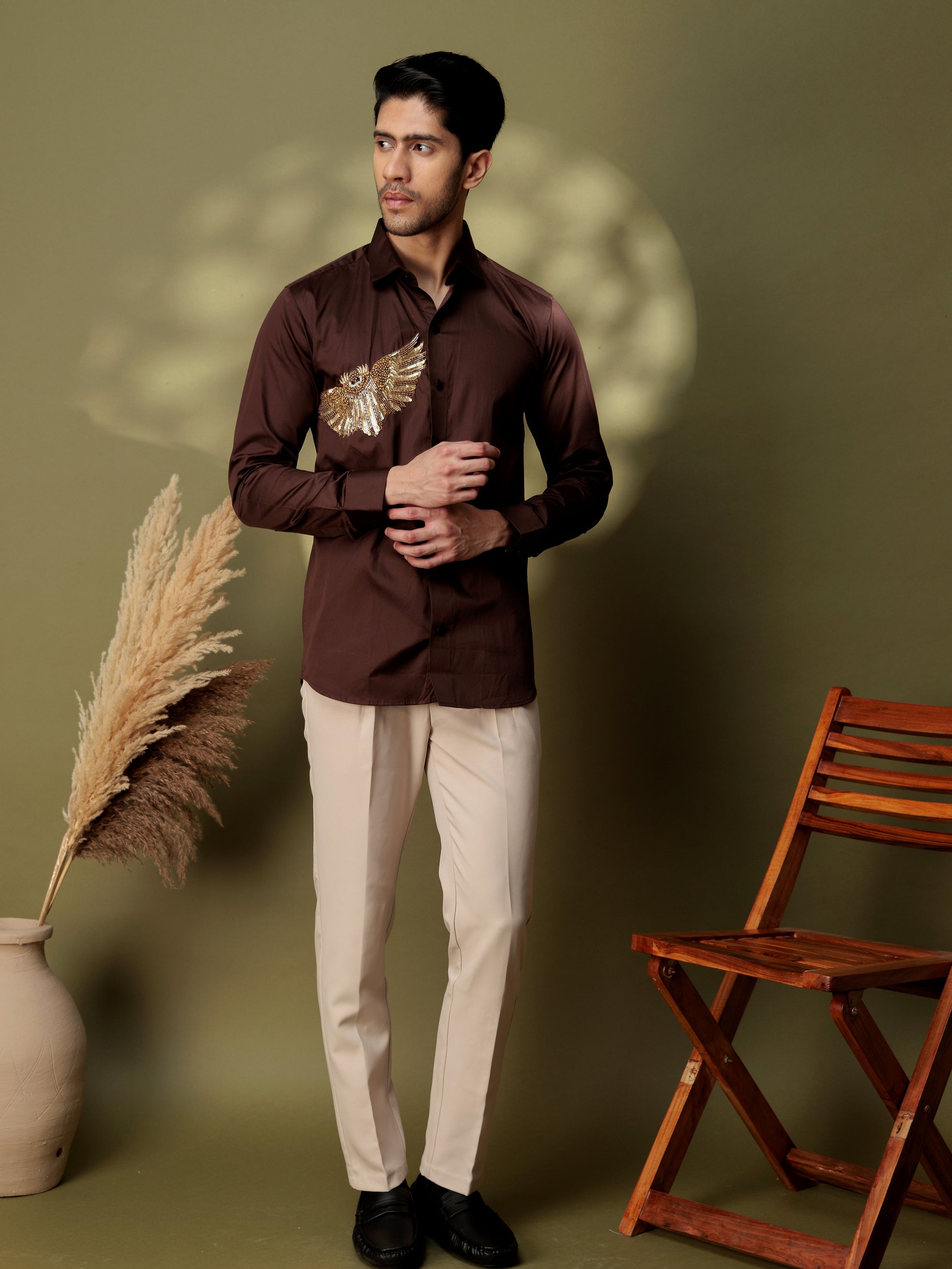 FOOMER BROWN RHINESTONE PARTY SATIN COTTON SHIRT FOR MEN