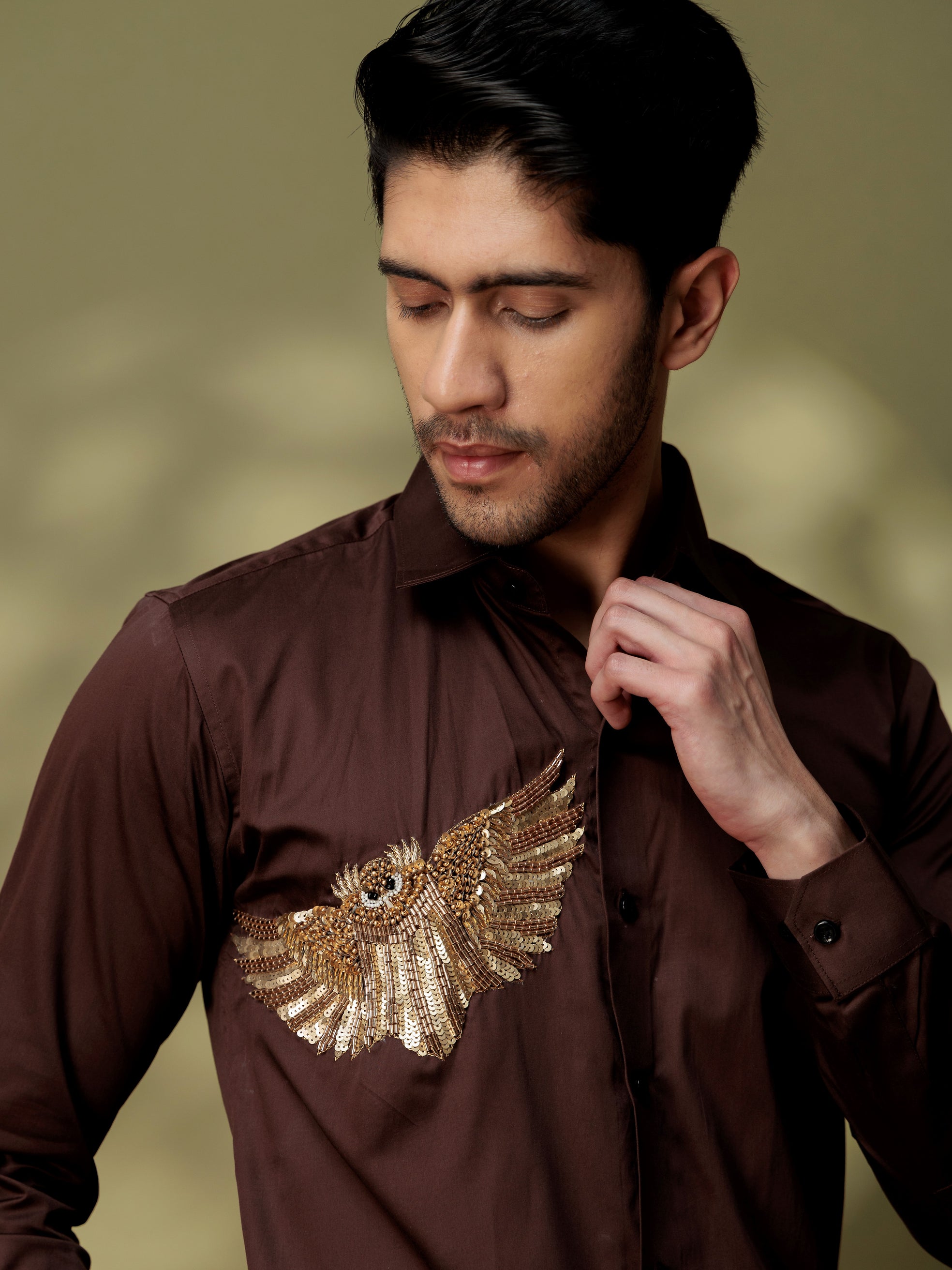 FOOMER BROWN RHINESTONE PARTY SATIN COTTON SHIRT FOR MEN