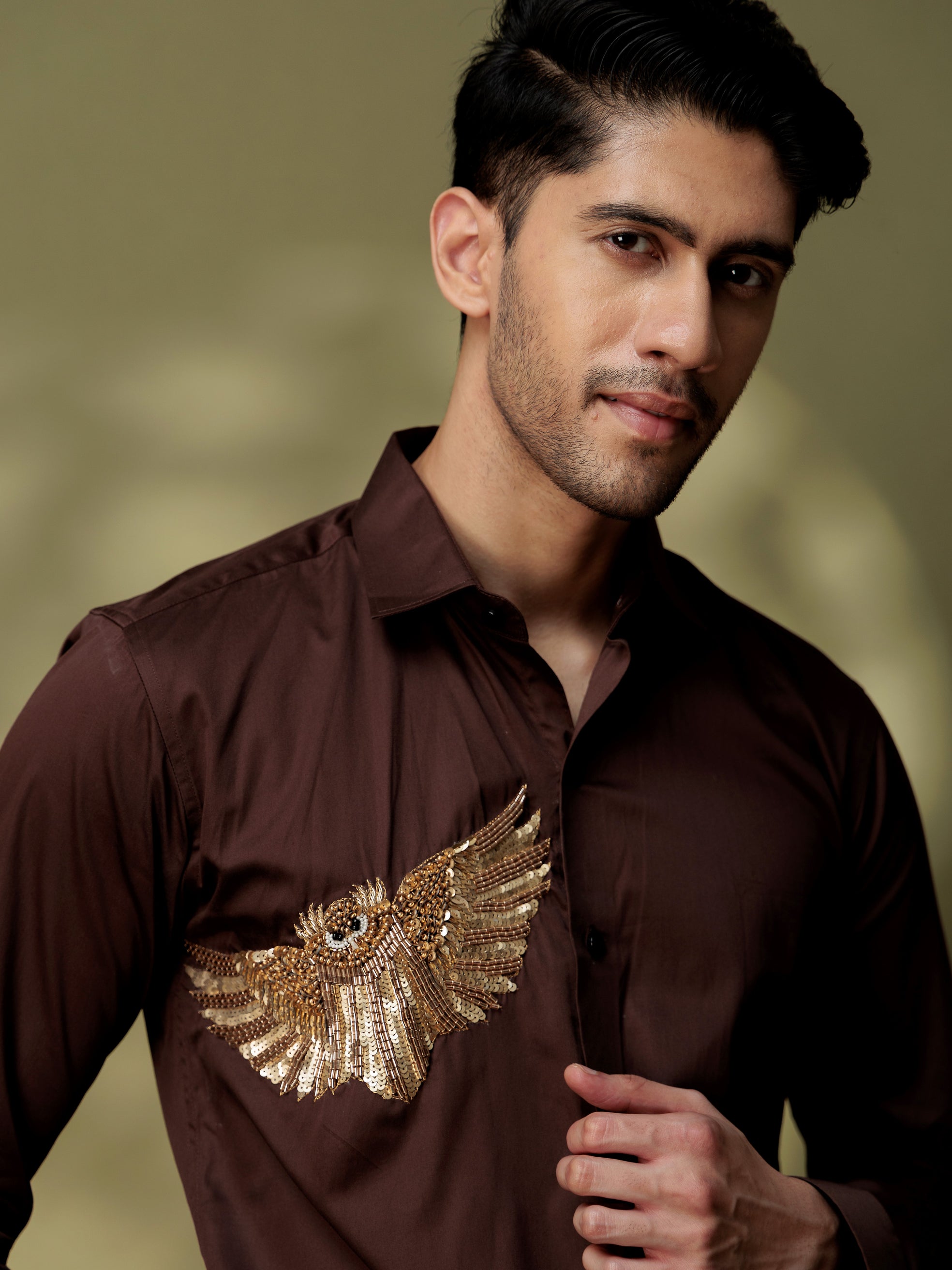 FOOMER BROWN RHINESTONE PARTY SATIN COTTON SHIRT FOR MEN