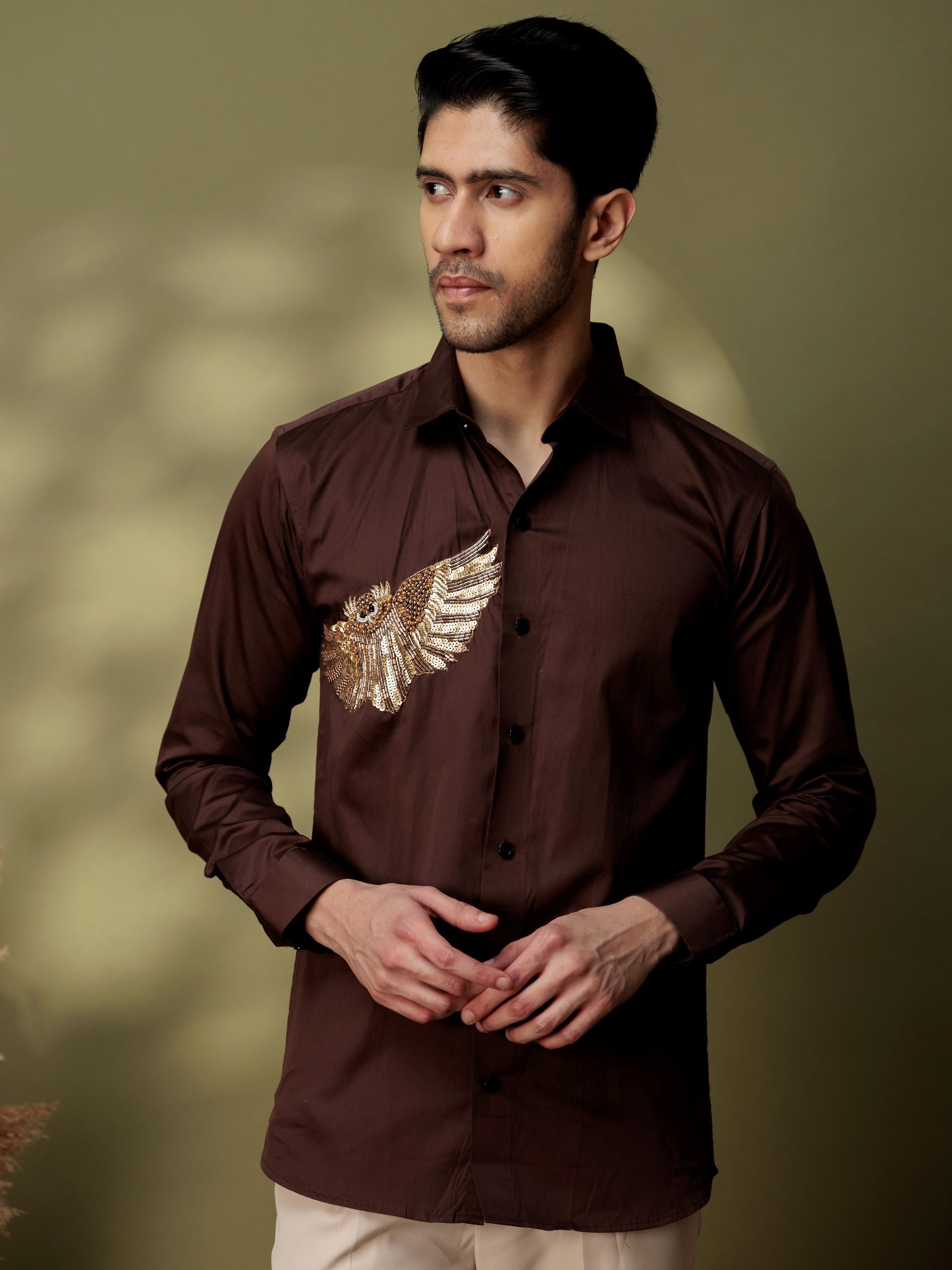 FOOMER BROWN RHINESTONE PARTY SATIN COTTON SHIRT FOR MEN