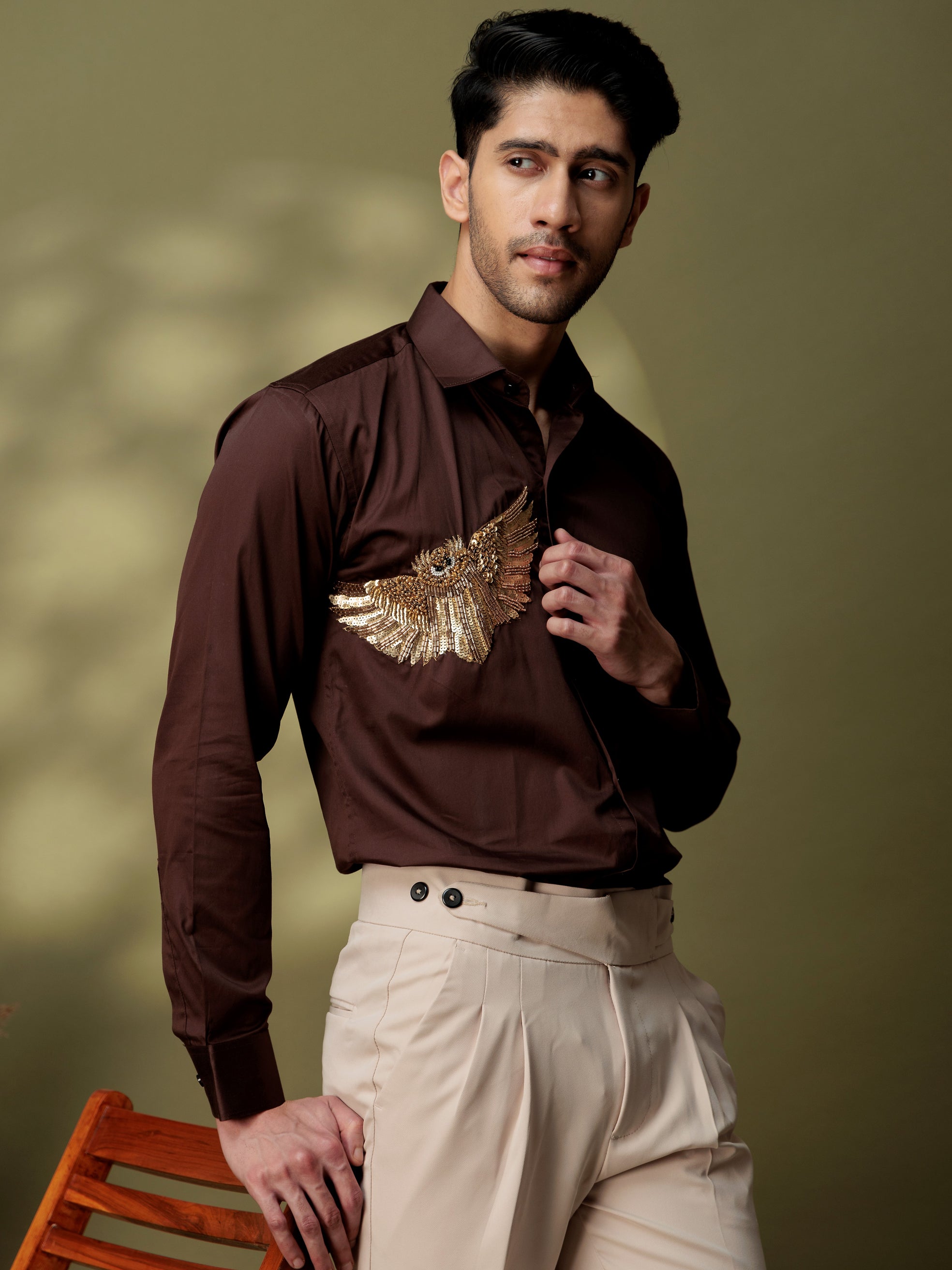 FOOMER BROWN RHINESTONE PARTY SATIN COTTON SHIRT FOR MEN