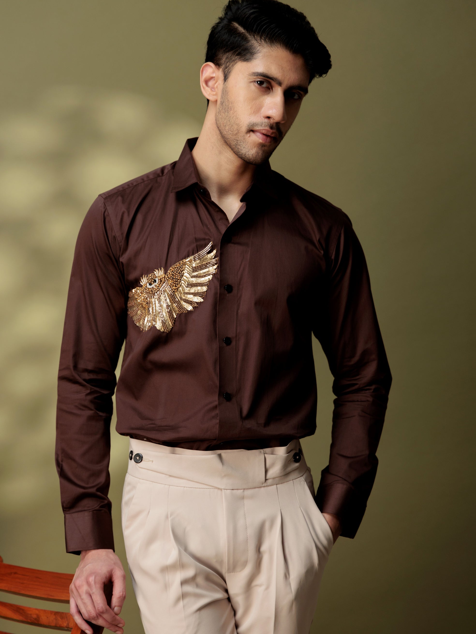 FOOMER BROWN RHINESTONE PARTY SATIN COTTON SHIRT FOR MEN