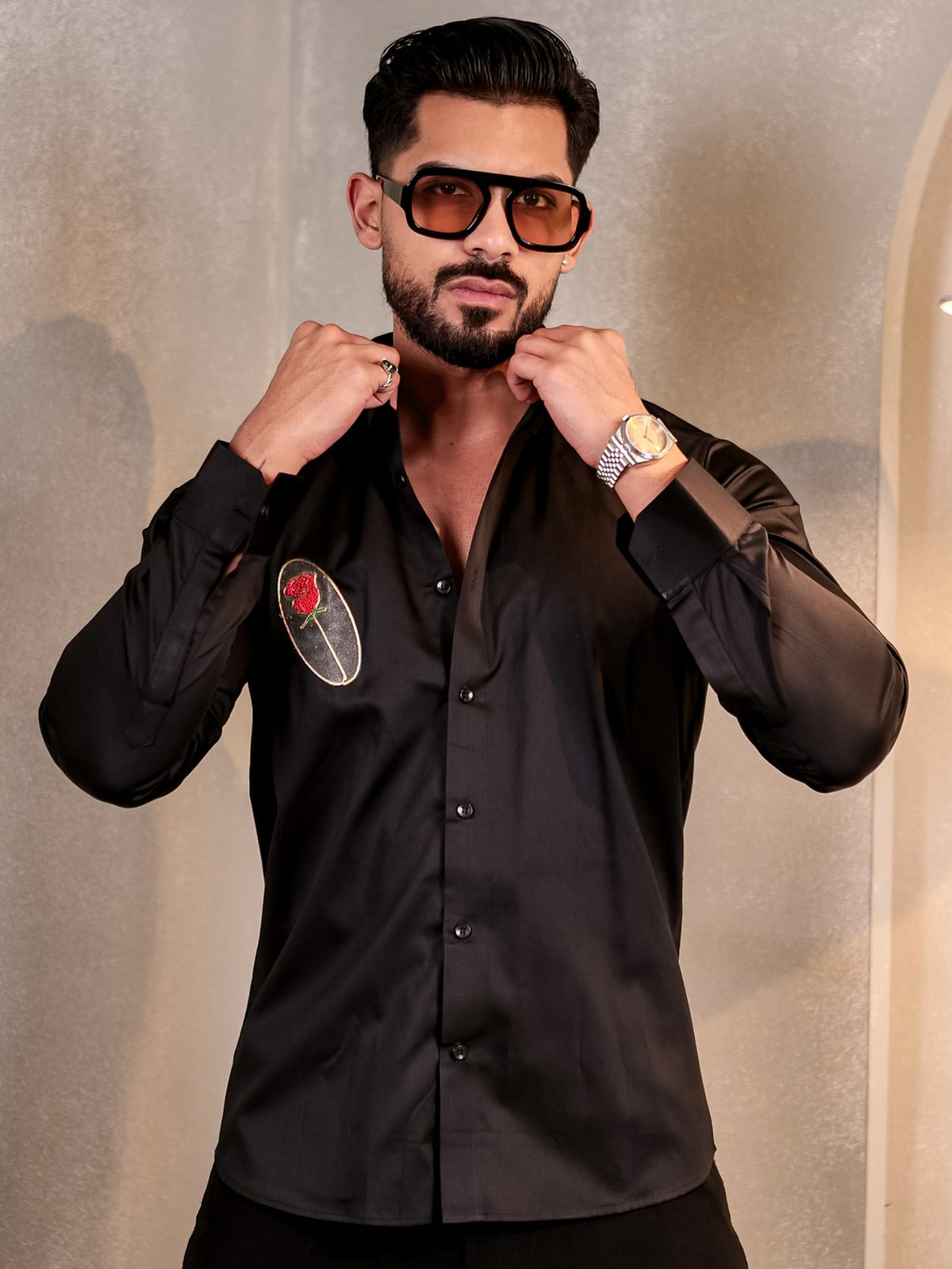 BLACK RED ROSE PRINTED SATIN COTTON FOR MEN'S SHIRT