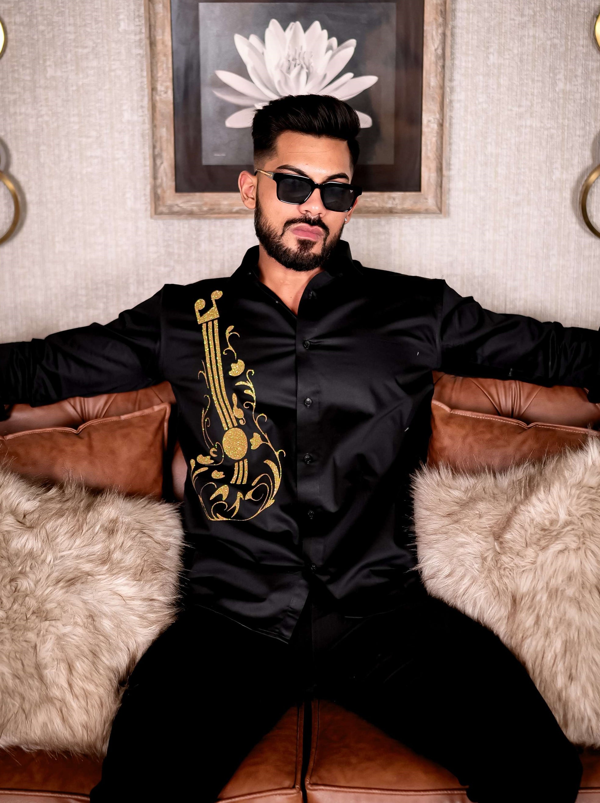 Guitar Black Club Wear Printed Satin Cotton Shirt