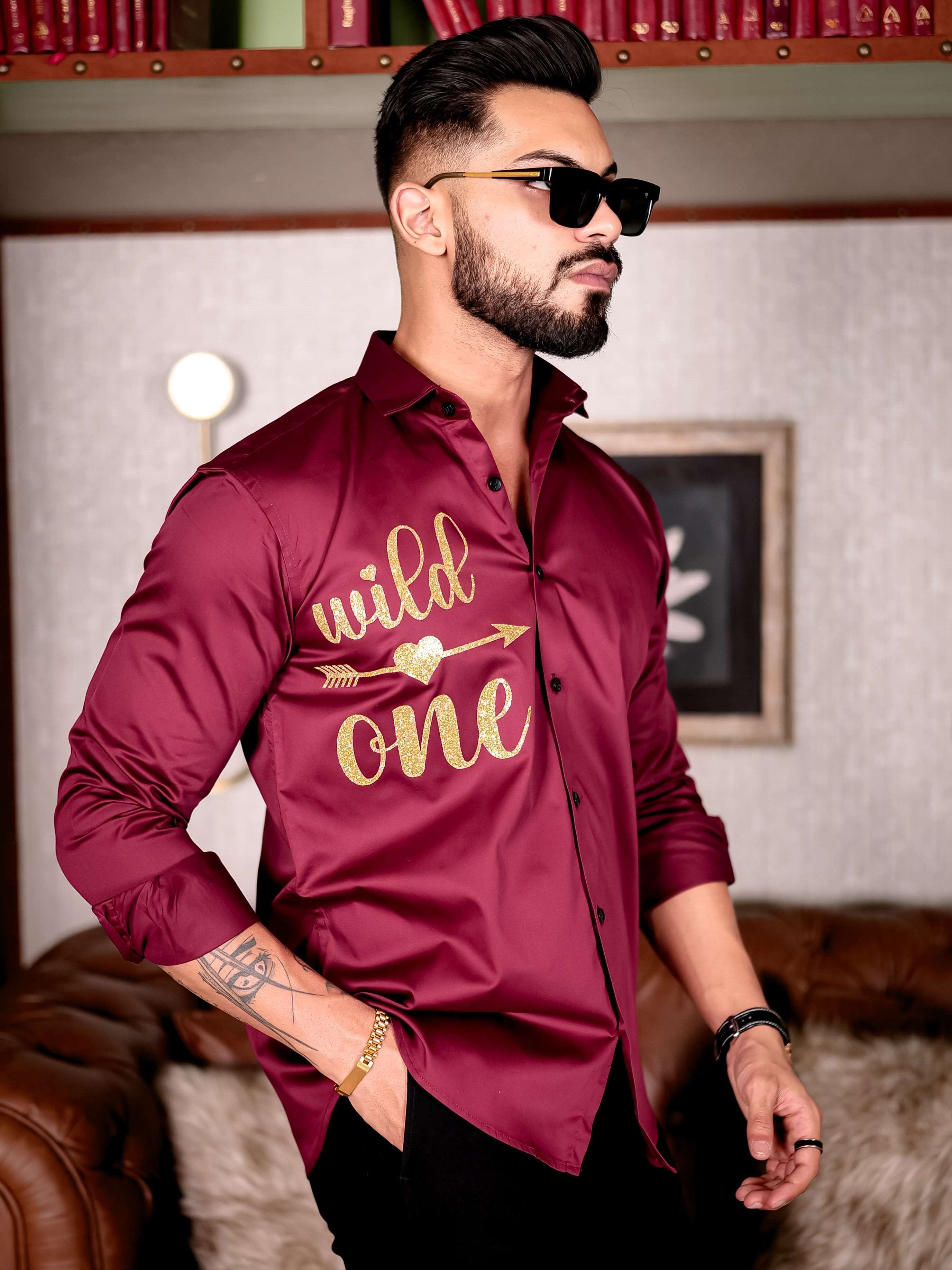 Maroon Wild One Glitter Luxury Shirt For Men&#39;s