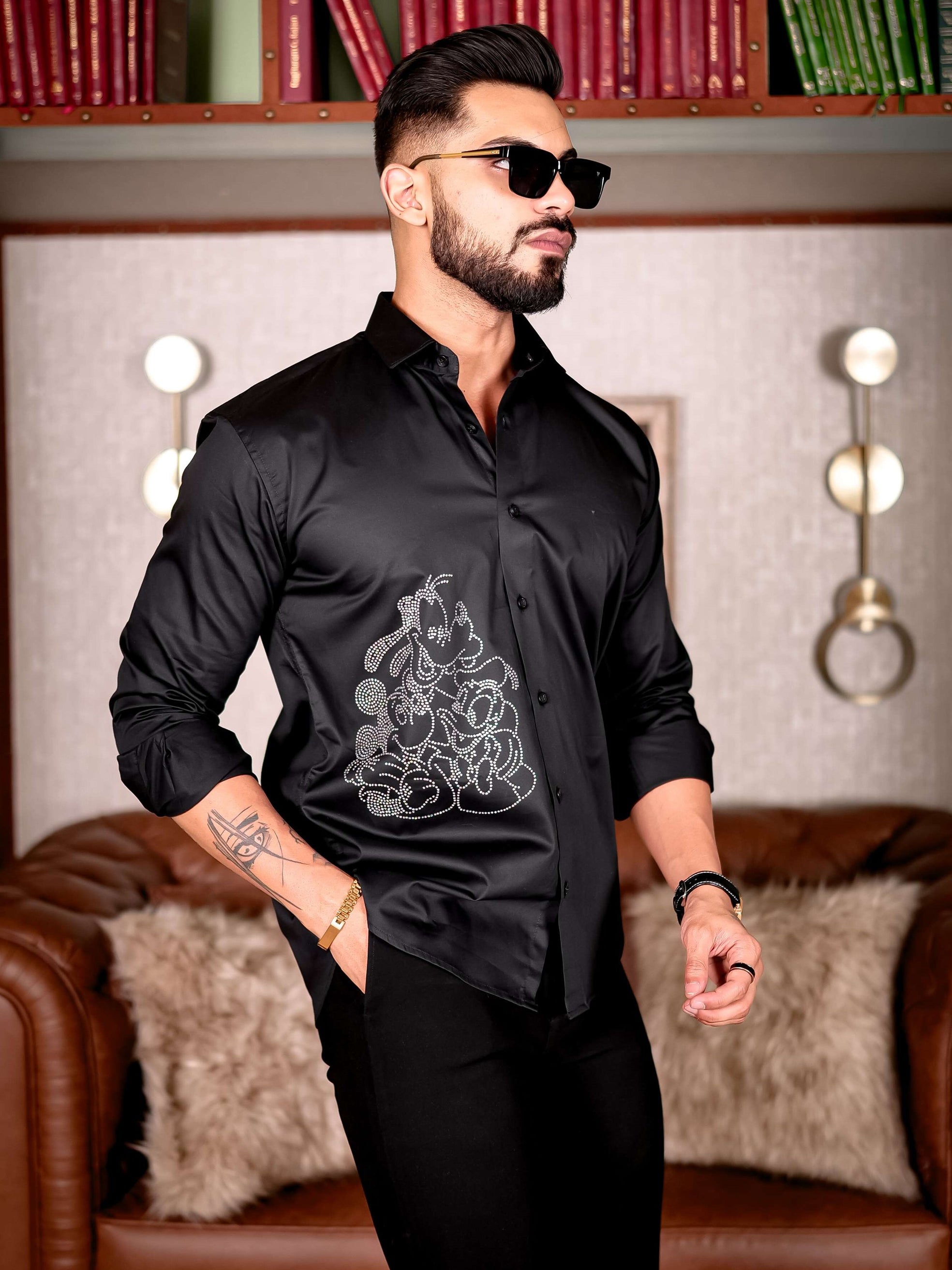 Black Starry Beaded Satin Cotton Premium Party Shirt