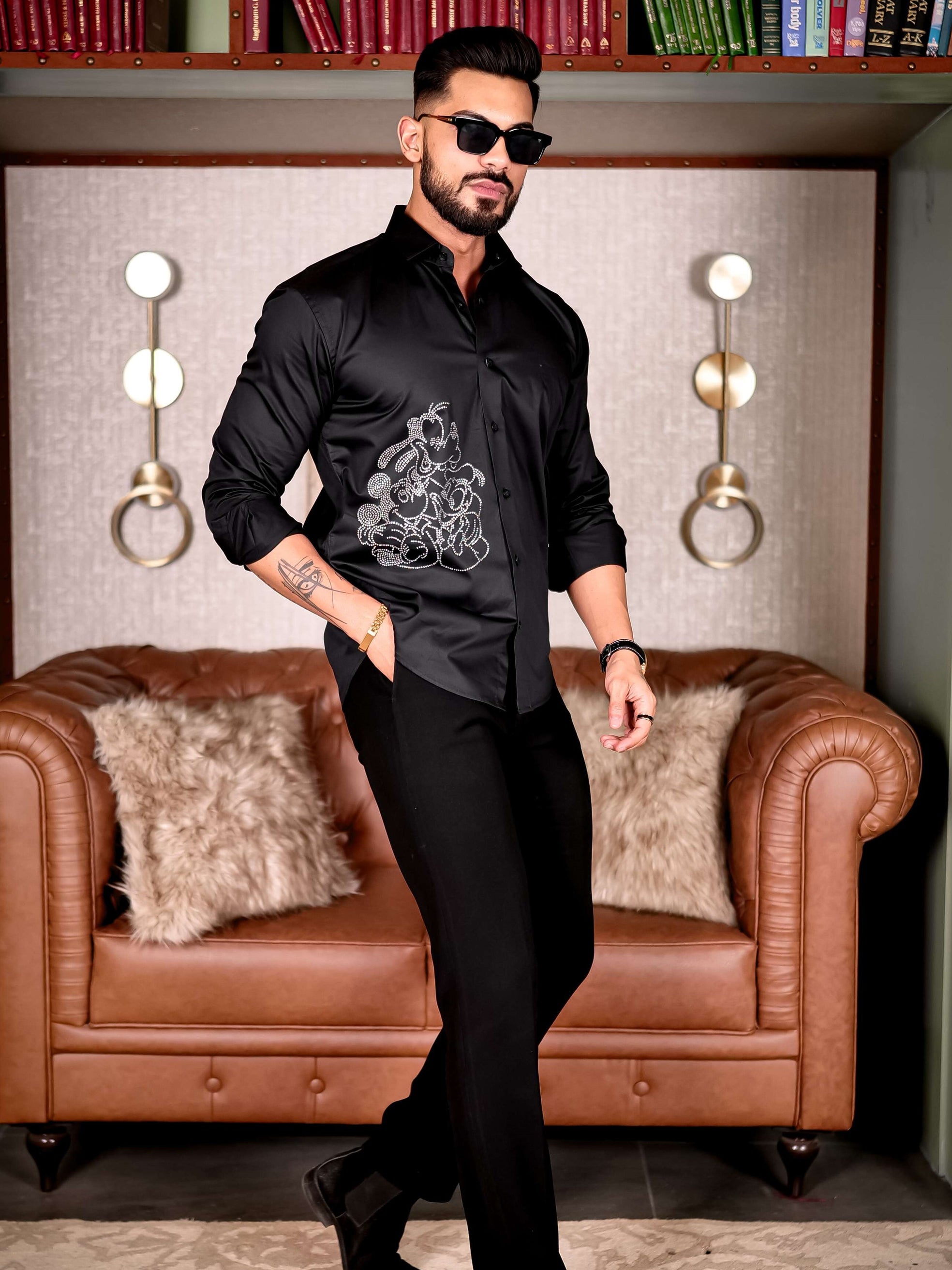 Black Starry Beaded Satin Cotton Premium Party Shirt