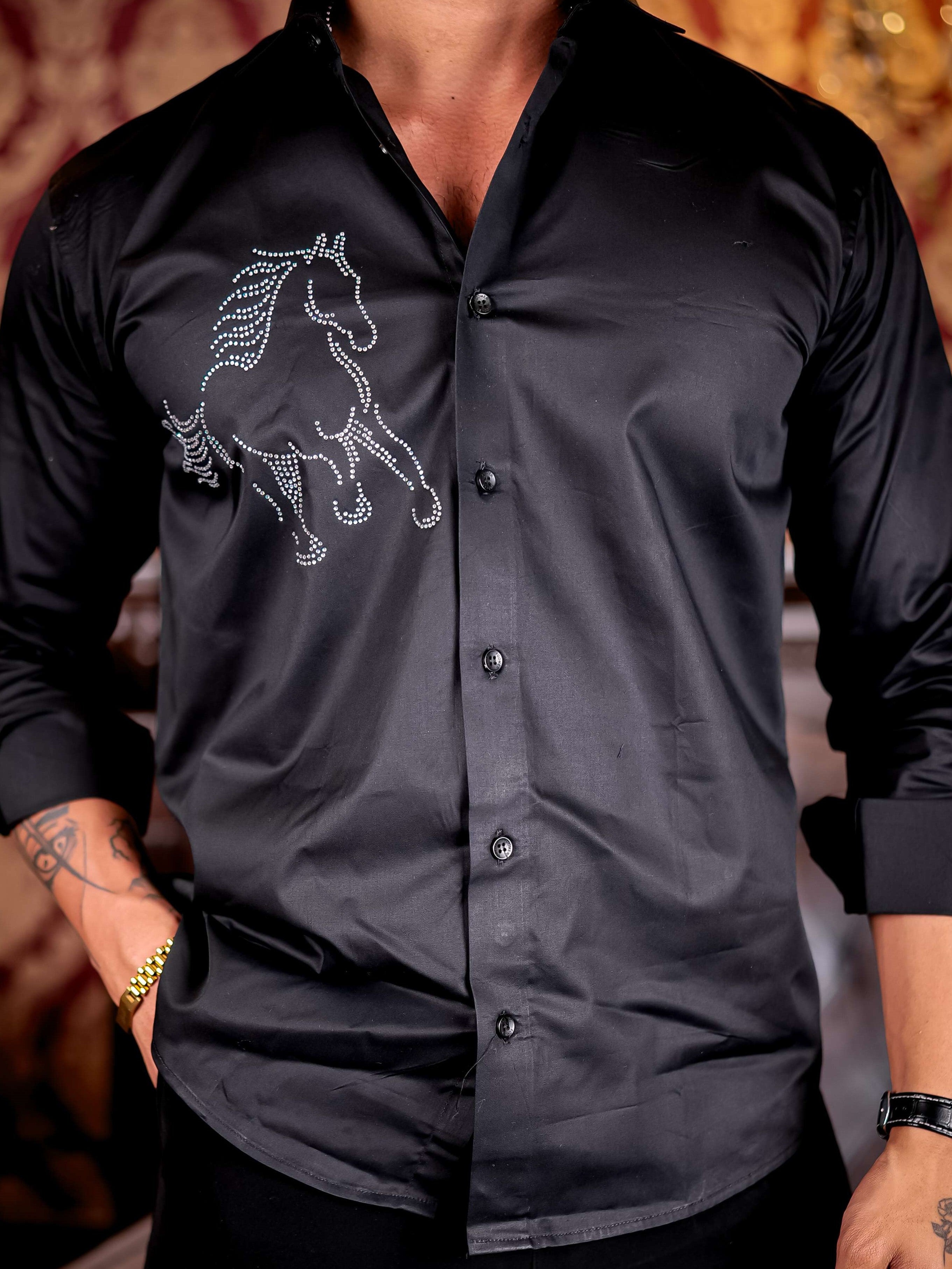 Black Horse Starry Beaded Satin Cotton Premium Party Shirt