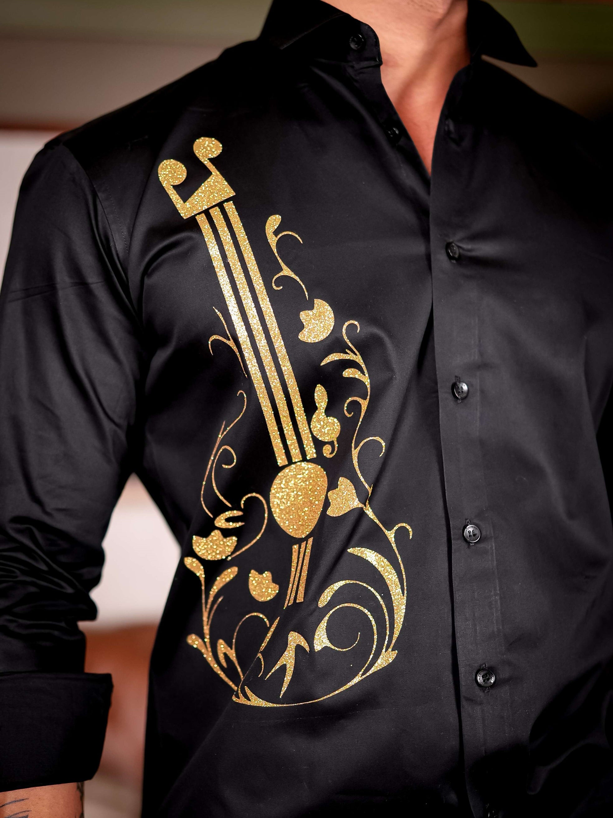 Guitar Black Club Wear Printed Satin Cotton Shirt