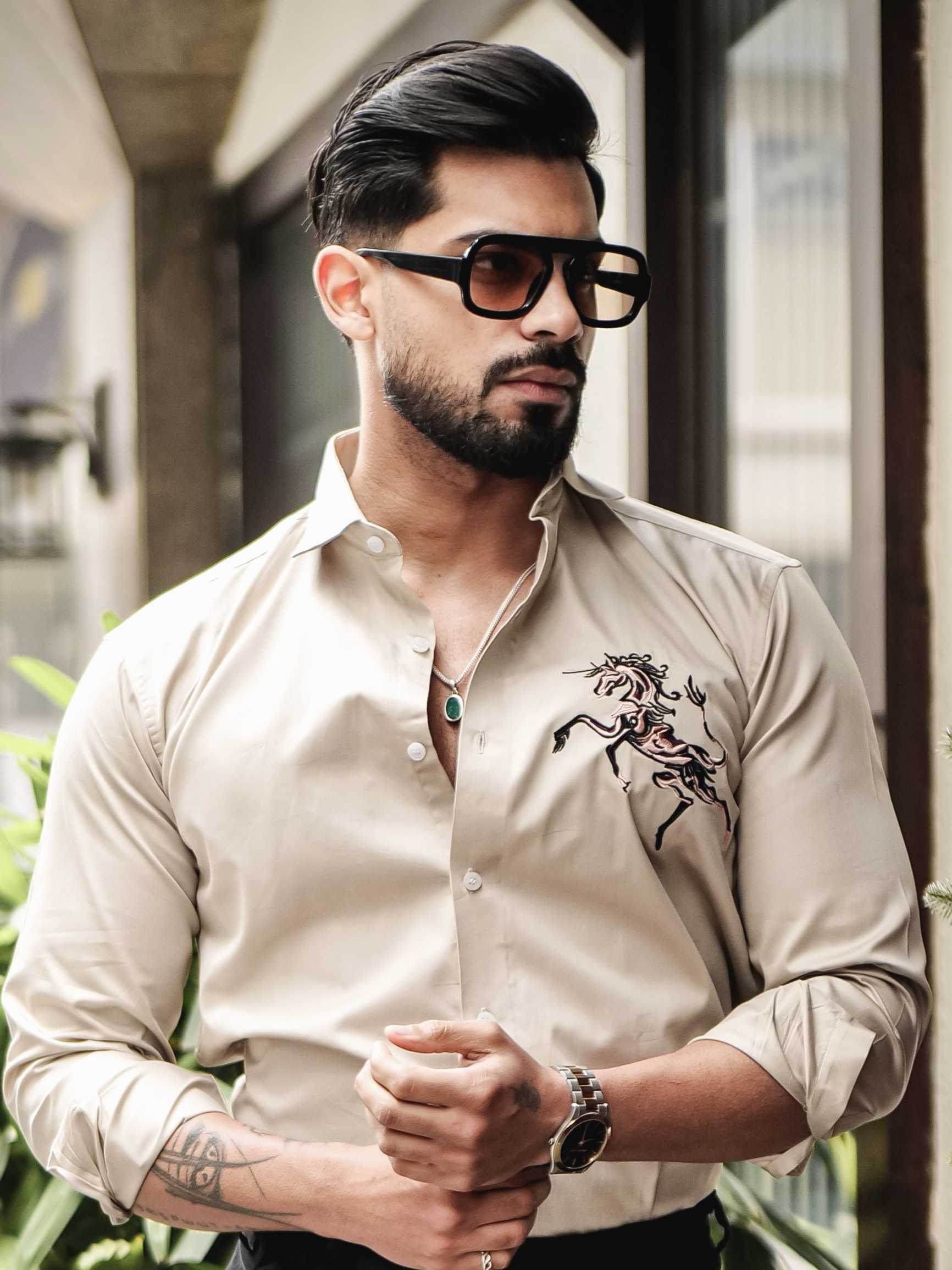 FOOMER CREAM EMBROIDERED DESIGNER SHIRT FOR MEN'S