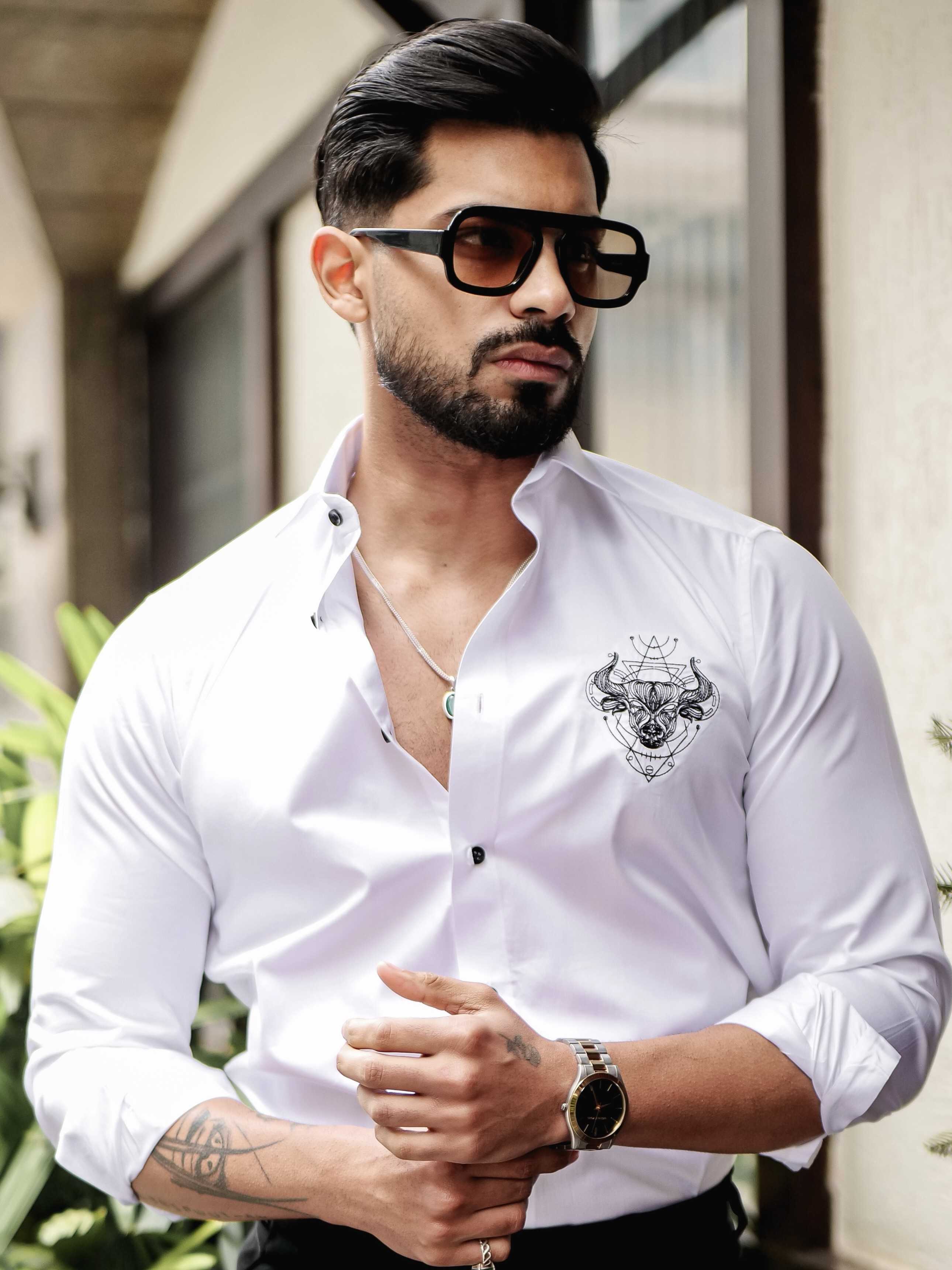 WHITE EMBROIDERED DESIGNER SATIN COTTON SHIRT FOR MEN'S