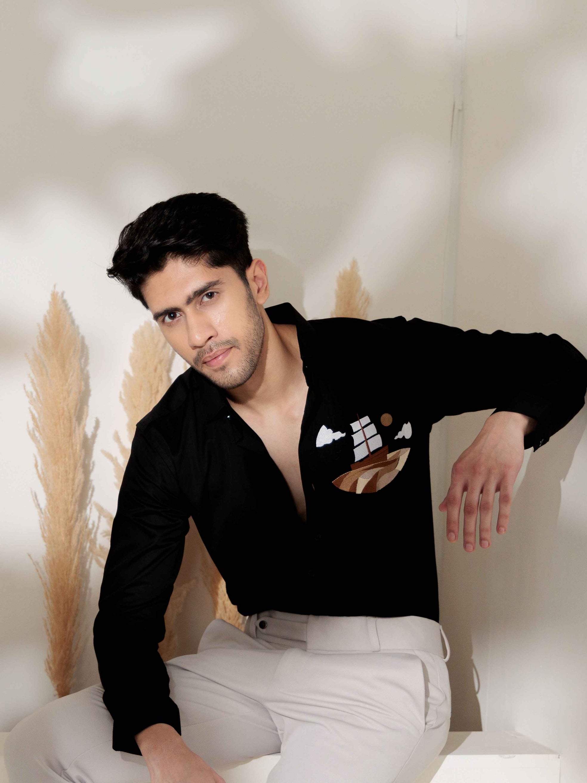 FOOMER BLACK EMBROIDERED DESIGNER WEAR SATIN COTTON SHIRT FOR MEN