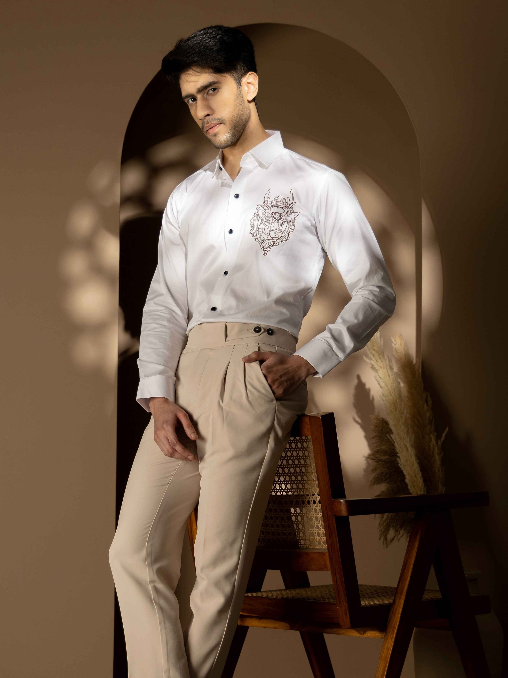 Foomer Moose White Embroidered Club Wear Satin Cotton Shirt