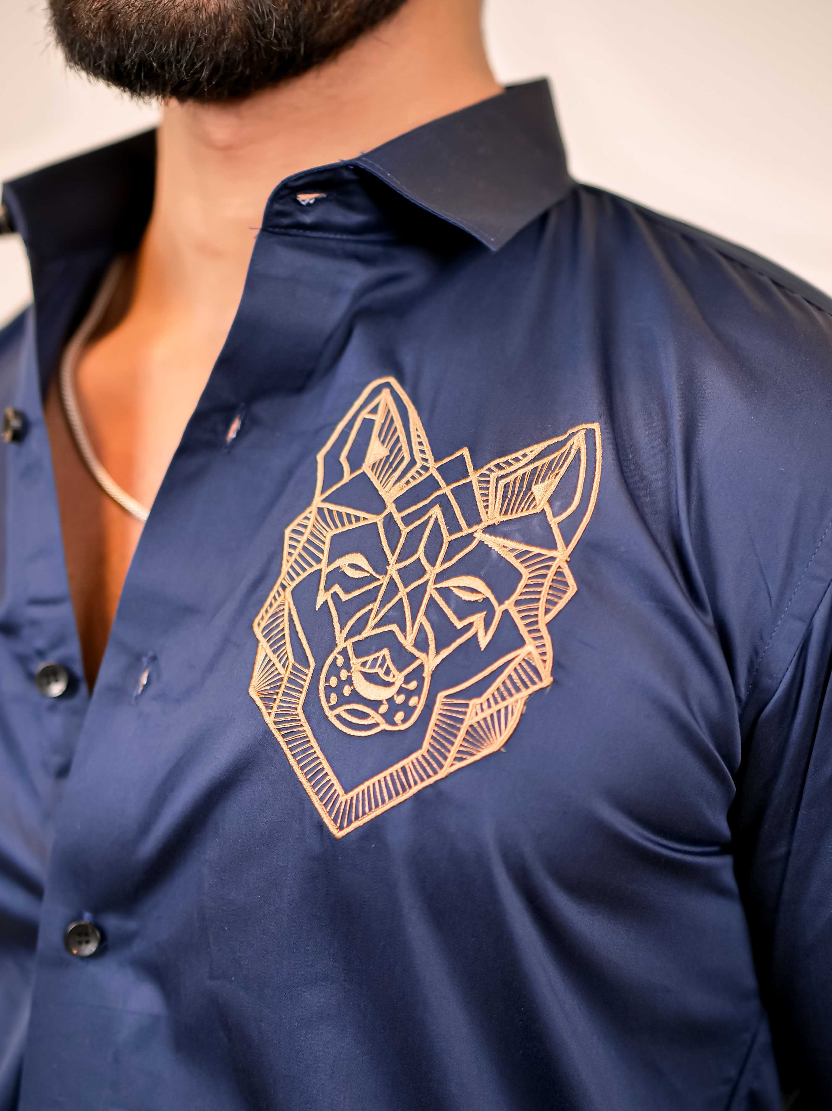 Line Art Wolf Navy Embroidered Club Wear Satin Cotton Shirt