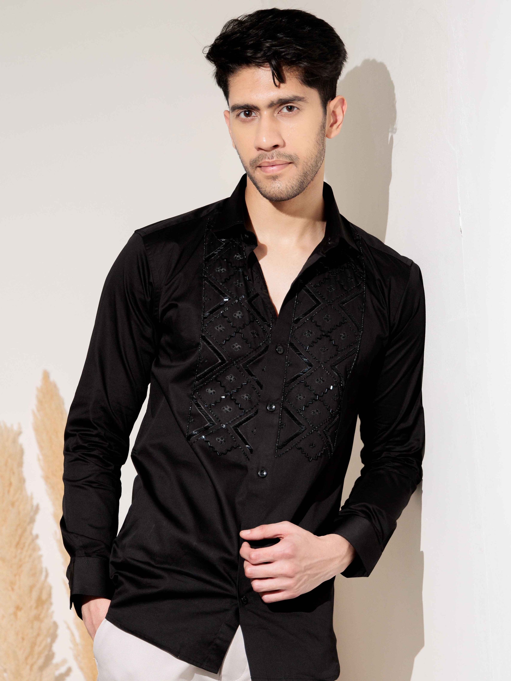 FOOMER BLACK RHINESTONE HAND WORK SATIN COTTON SHIRT FOR MEN