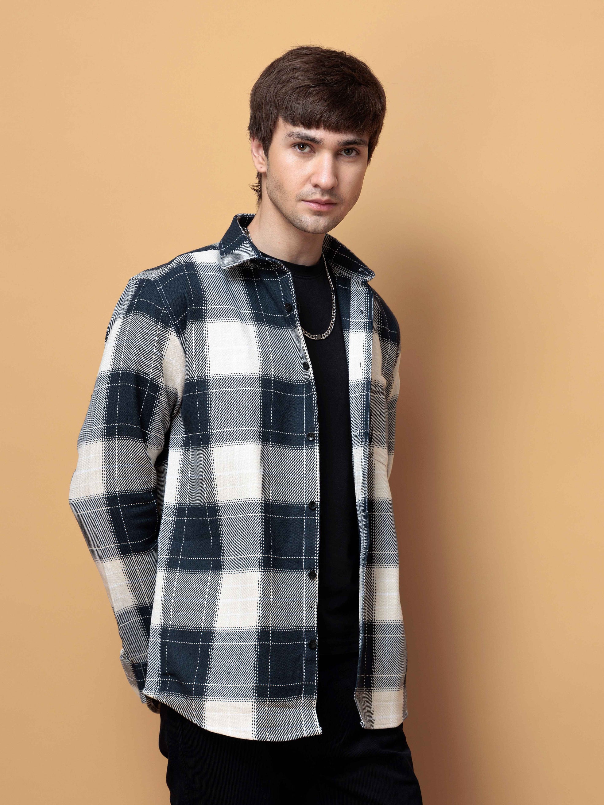 FOOMER TARTAN NAVY CHECKED COTTON CASUAL SHIRT FOR MEN'S