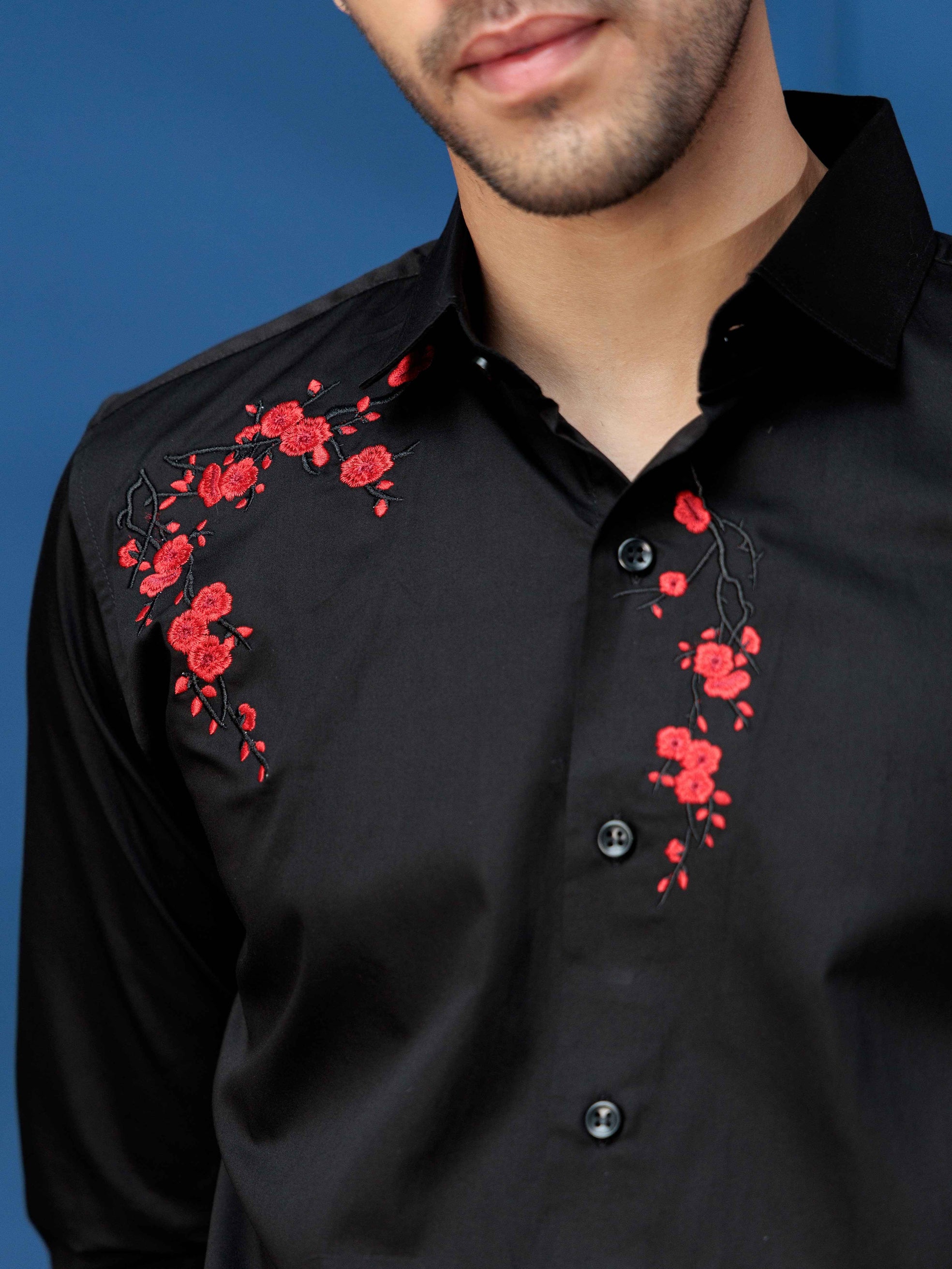 FOOMER BLACK  FLOWER EMBROIDERED DESIGNER WEAR SATIN COTTON SHIRT FOR MEN