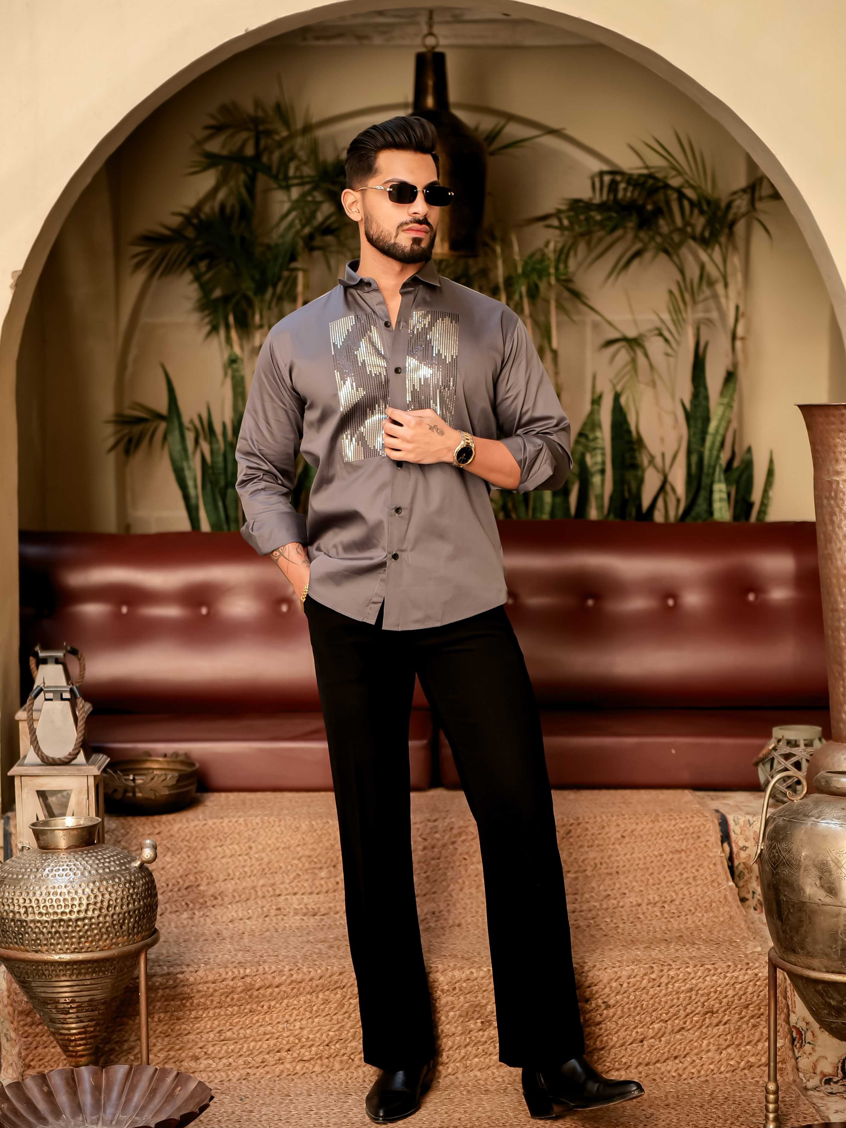 Dark Grey Sequence Club Wear Satin Cotton Party Shirt