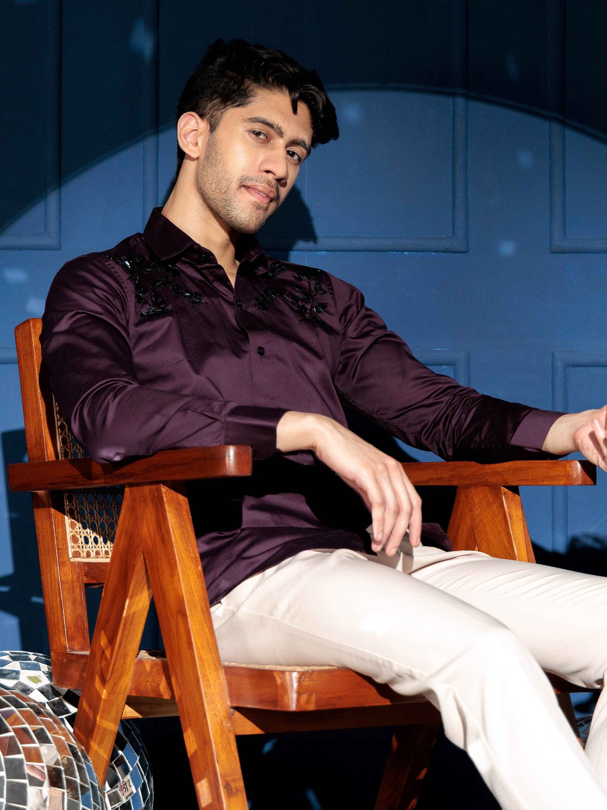 FOOMER WAVE HD RHINESTONE HAND WORK SATIN COTTON SHIRT FOR MEN