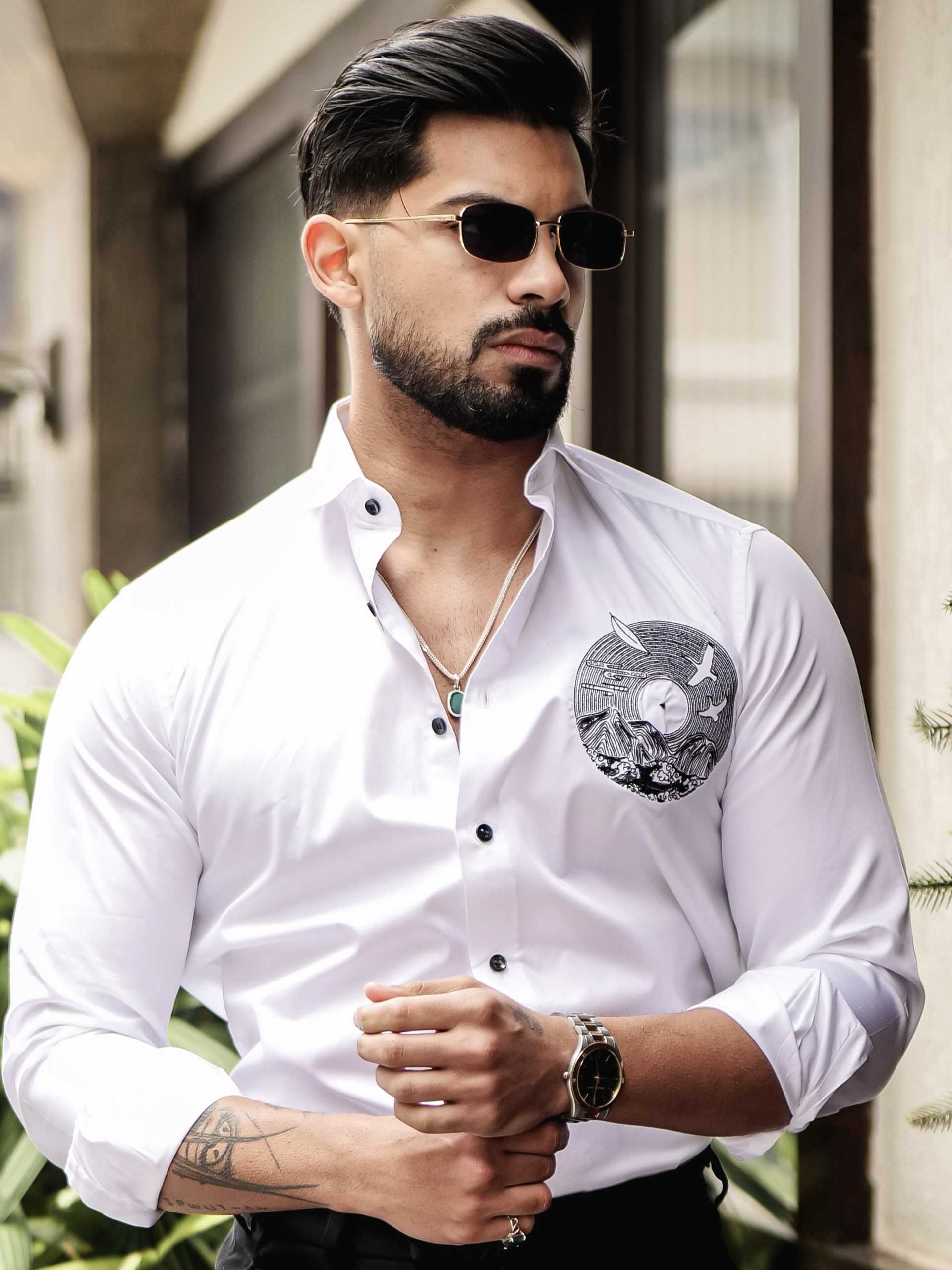 WHITE CLUB WEAR EMBROIDERY SATIN COTTON SHIRT