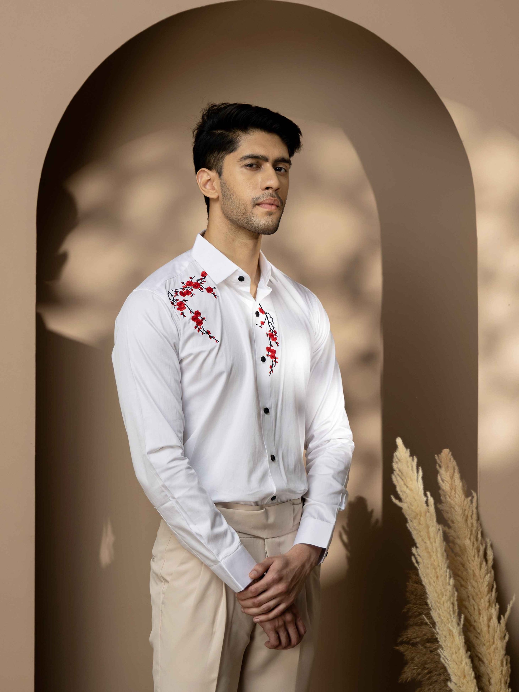 FOOMER WHITE EMBROIDERED DESIGNER WEAR SATIN COTTON SHIRT FOR MEN