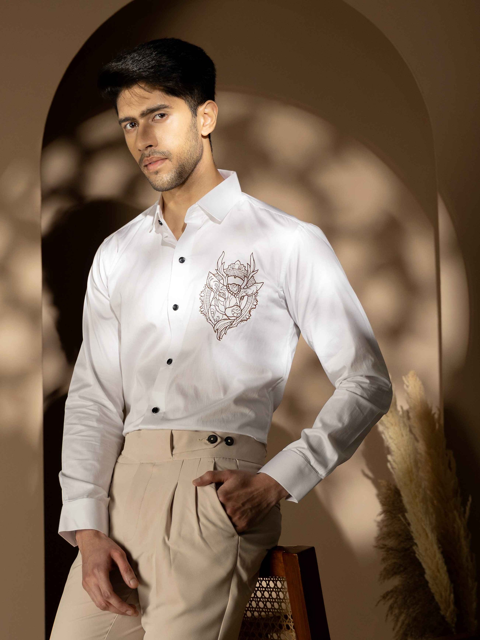Foomer Moose White Embroidered Club Wear Satin Cotton Shirt
