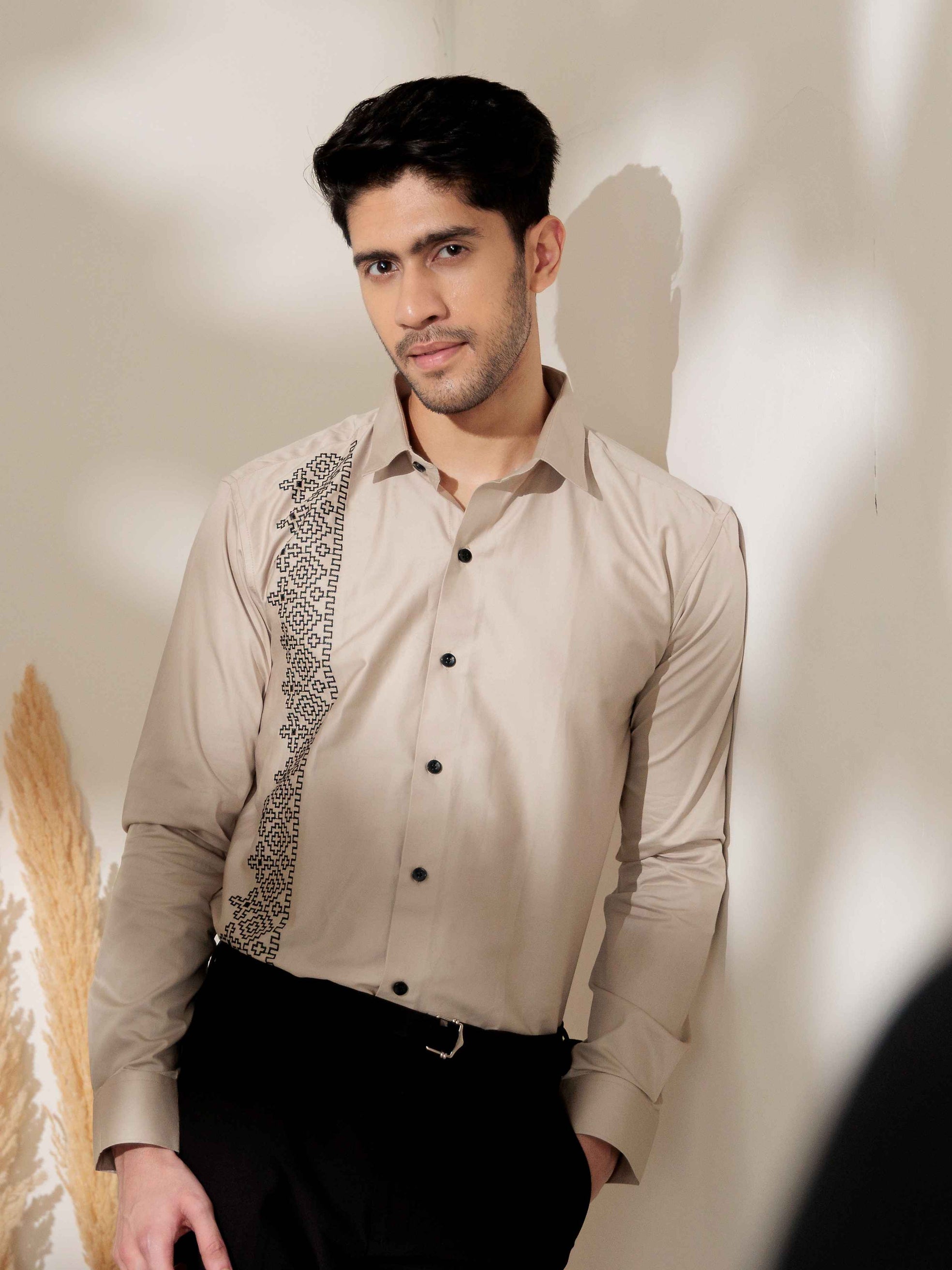 FOOMER CREAM EMBROIDERED DESIGNER WEAR SATIN COTTON SHIRT