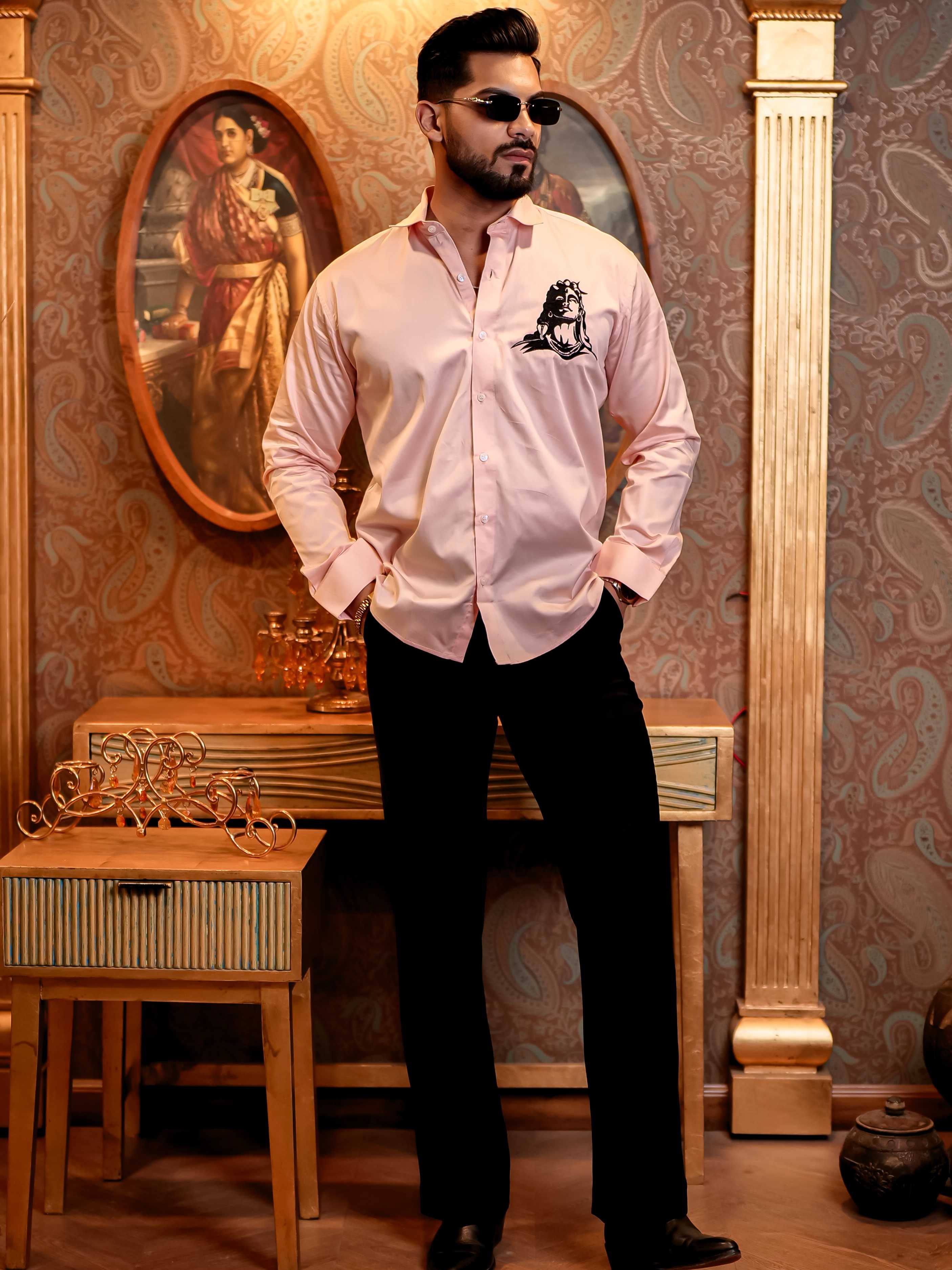 Adiyogi Shiva Pink Embroidered Designer Satin Cotton Shirt