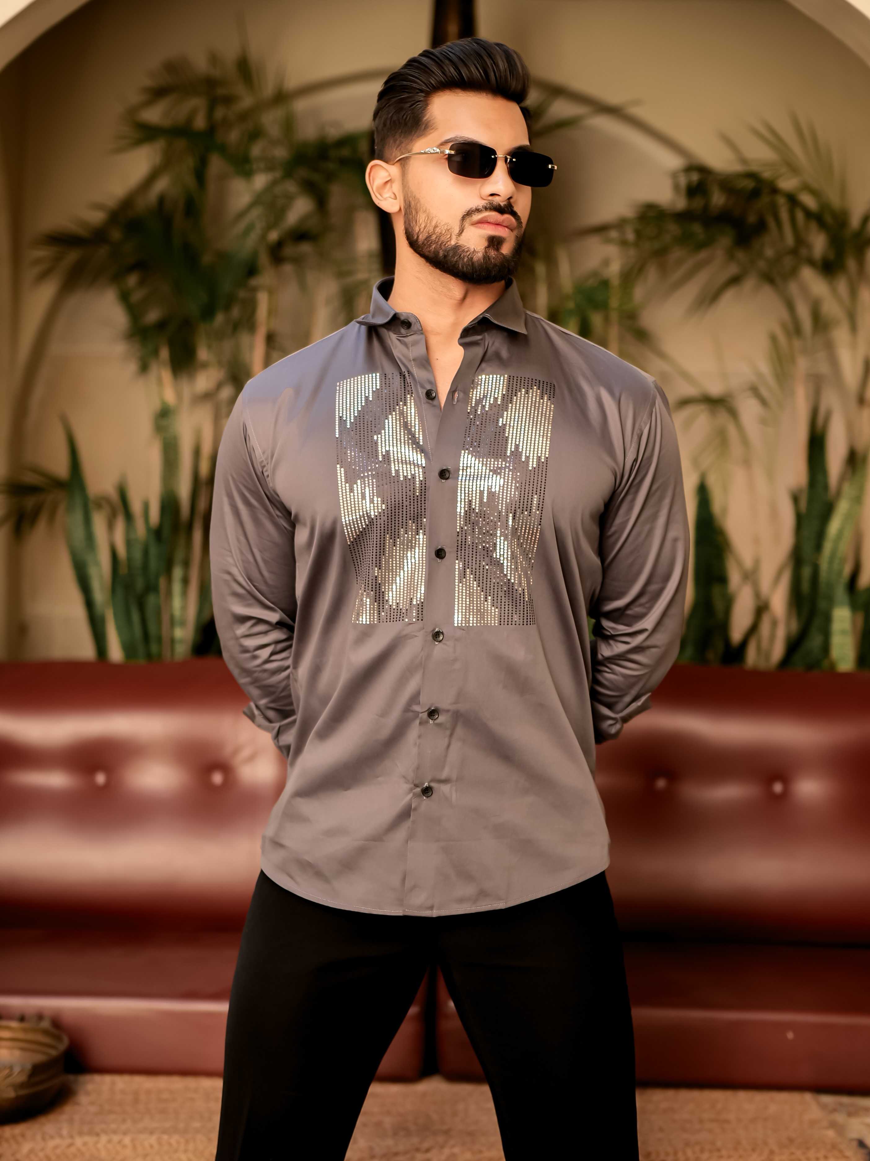 Dark Grey Sequence Club Wear Satin Cotton Party Shirt