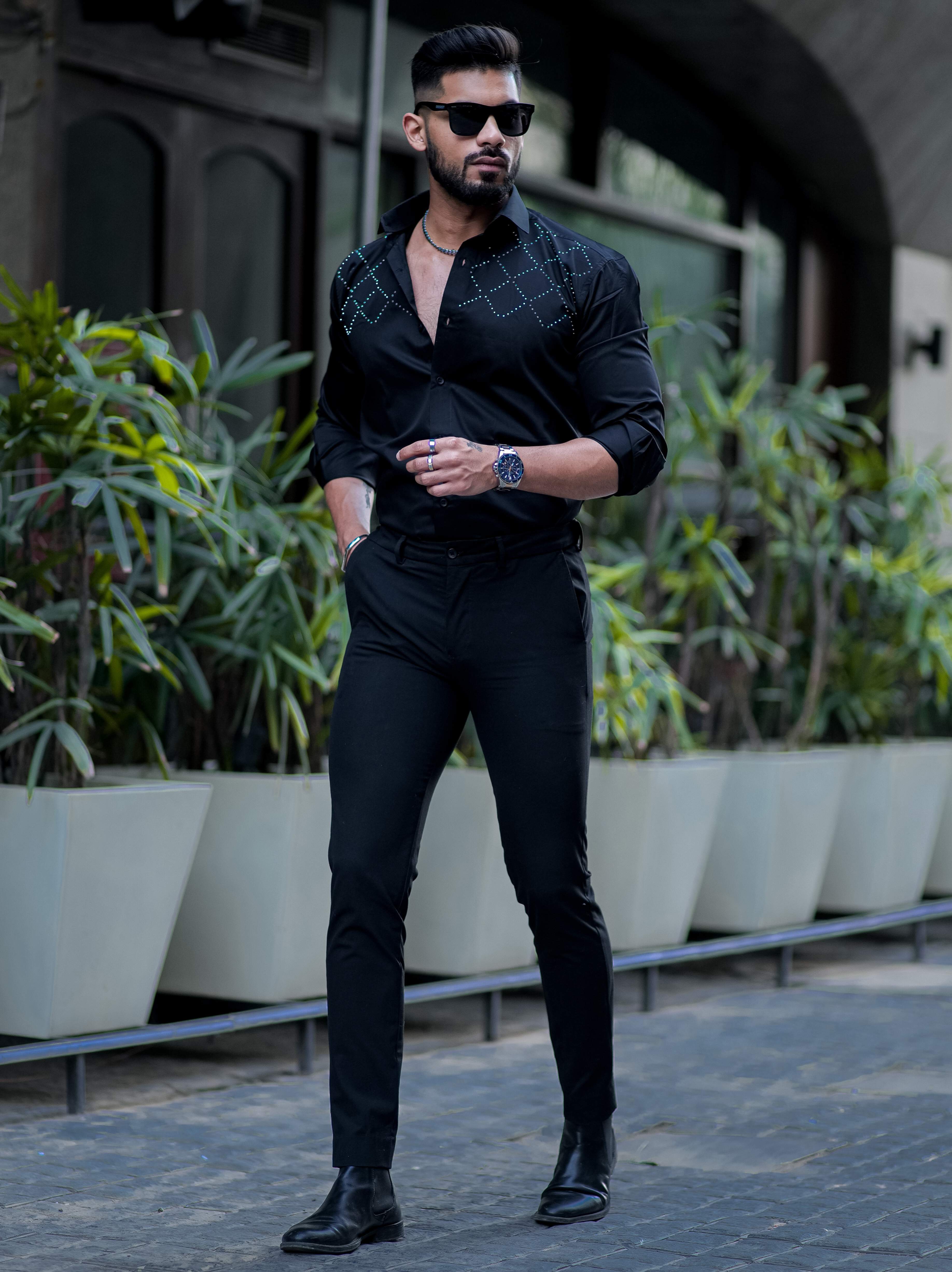 Starry Beaded Black Premium Shirt For Men