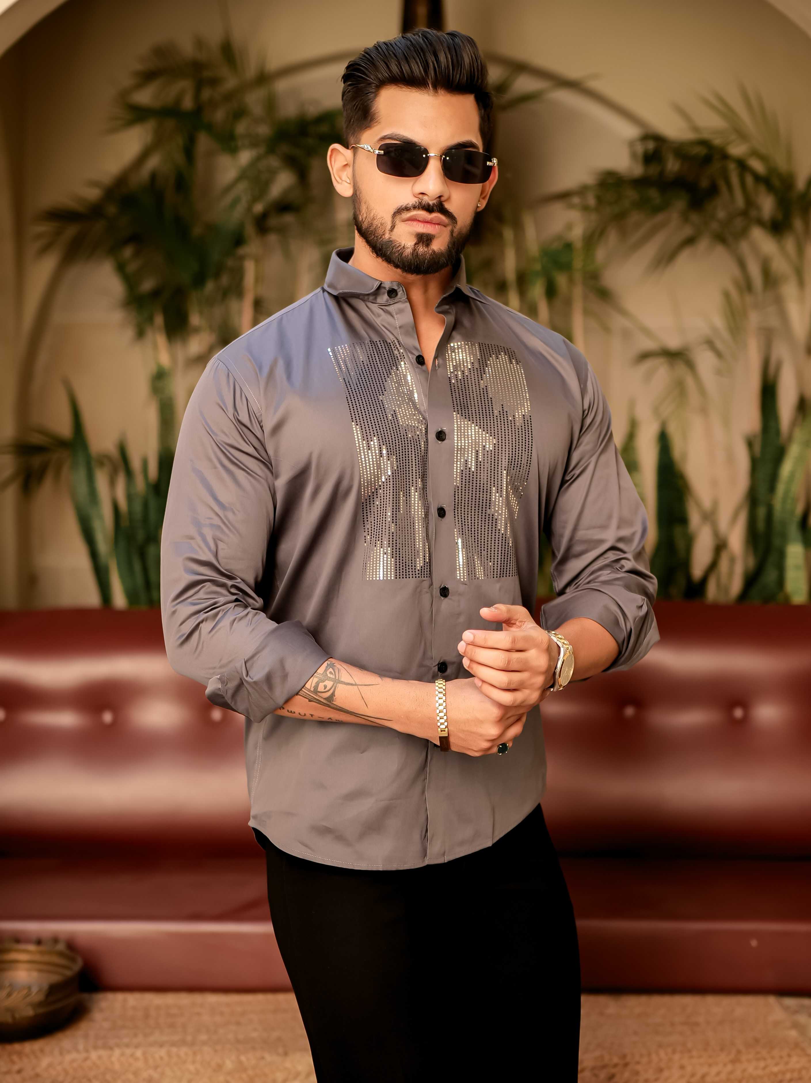 Dark Grey Sequence Club Wear Satin Cotton Party Shirt