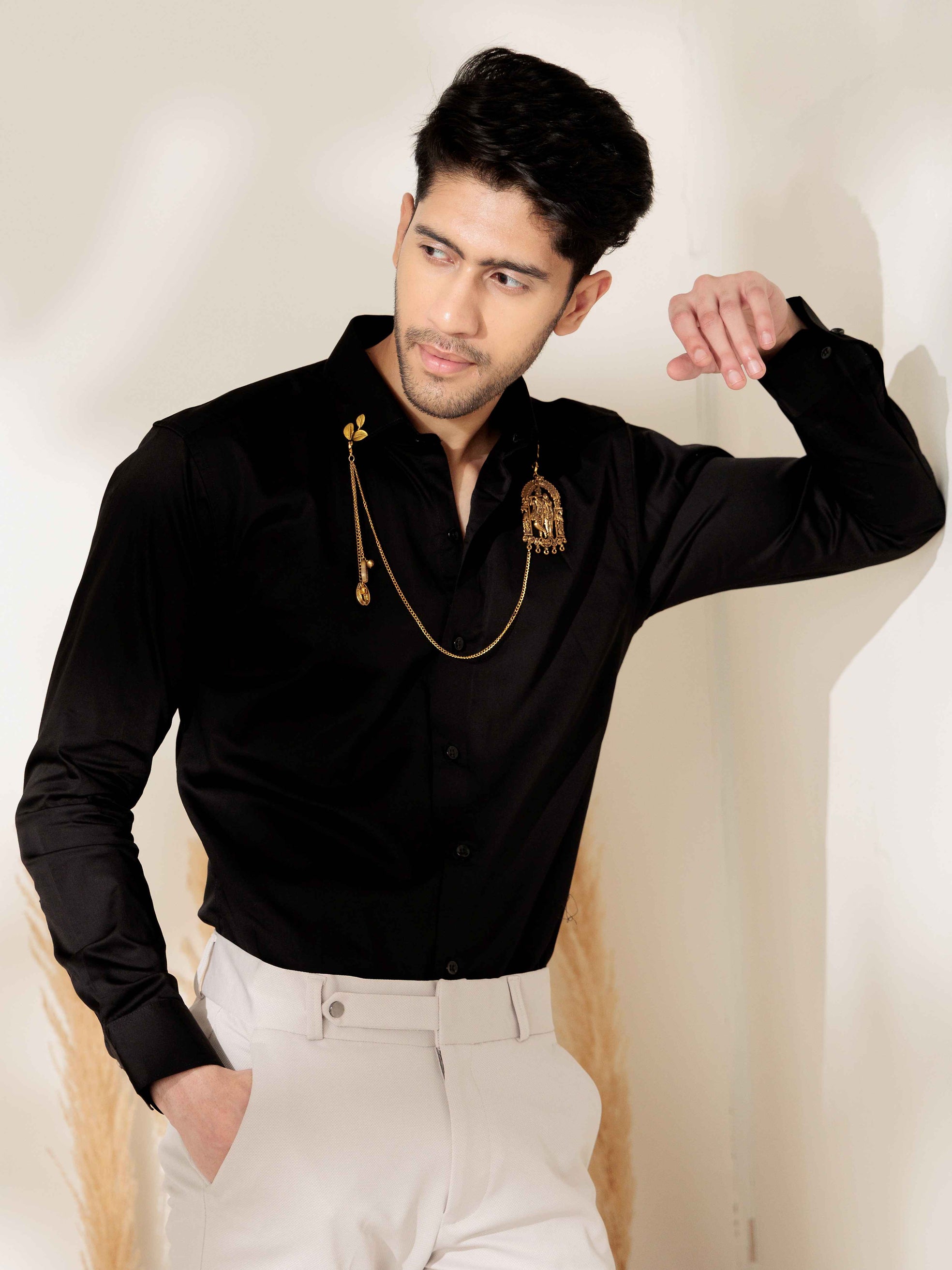 FOOMER RADHEKRISHNA BLACK DESIGNER SATIN COTTON SHIRT