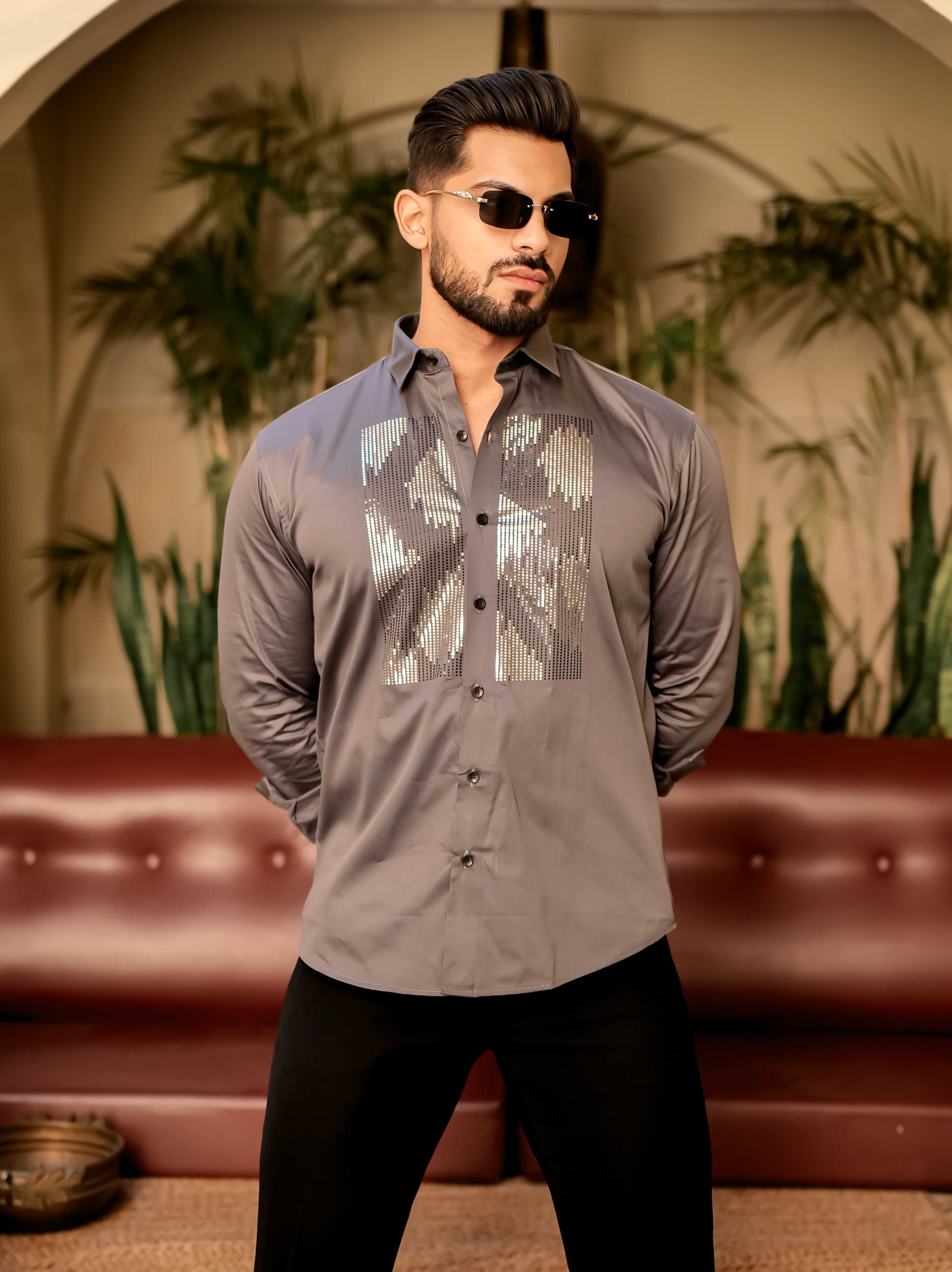 Dark Grey Sequence Club Wear Satin Cotton Party Shirt