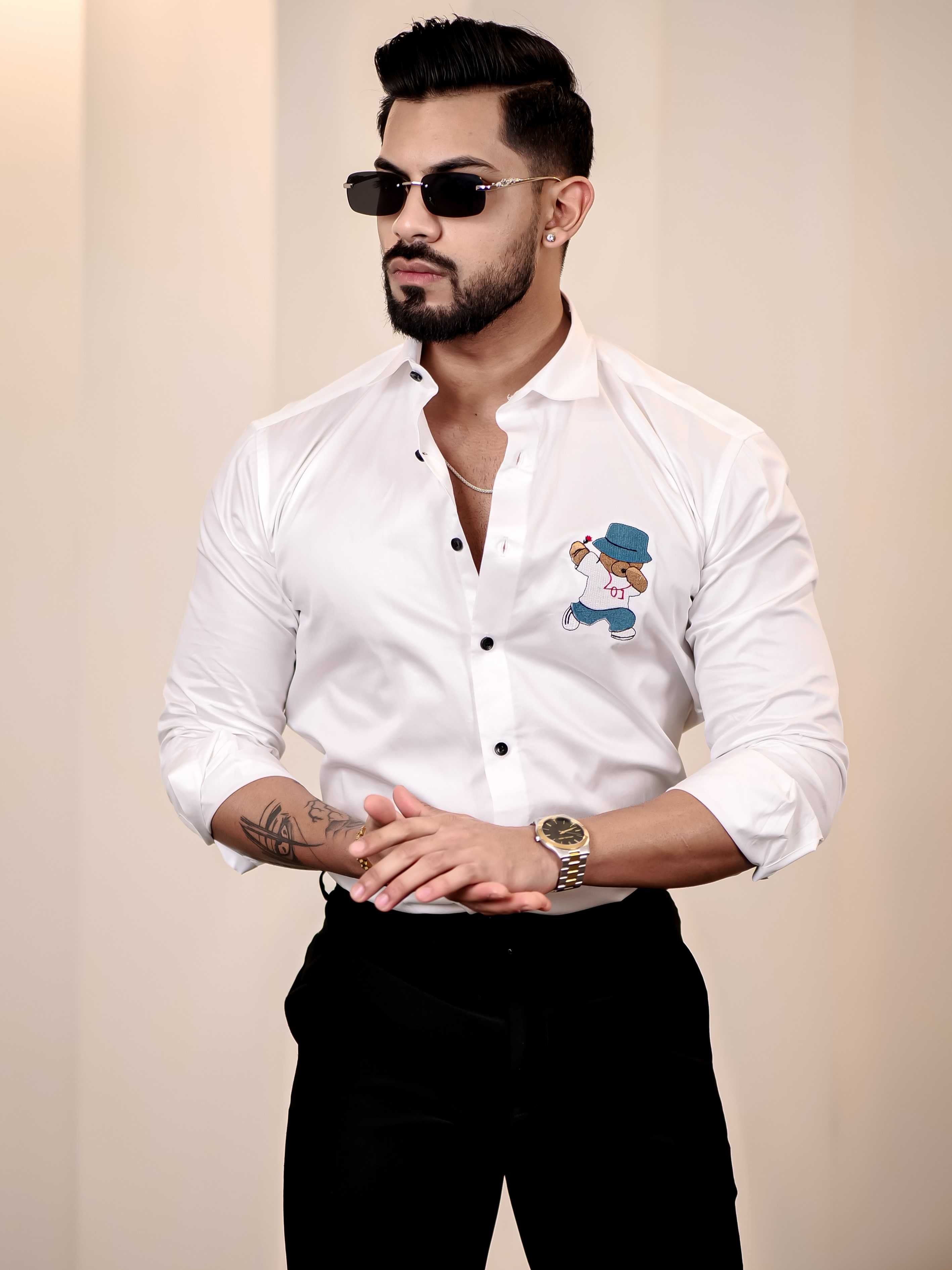 Love Teddy White Embroidered Club Wear Satin Cotton Shirt