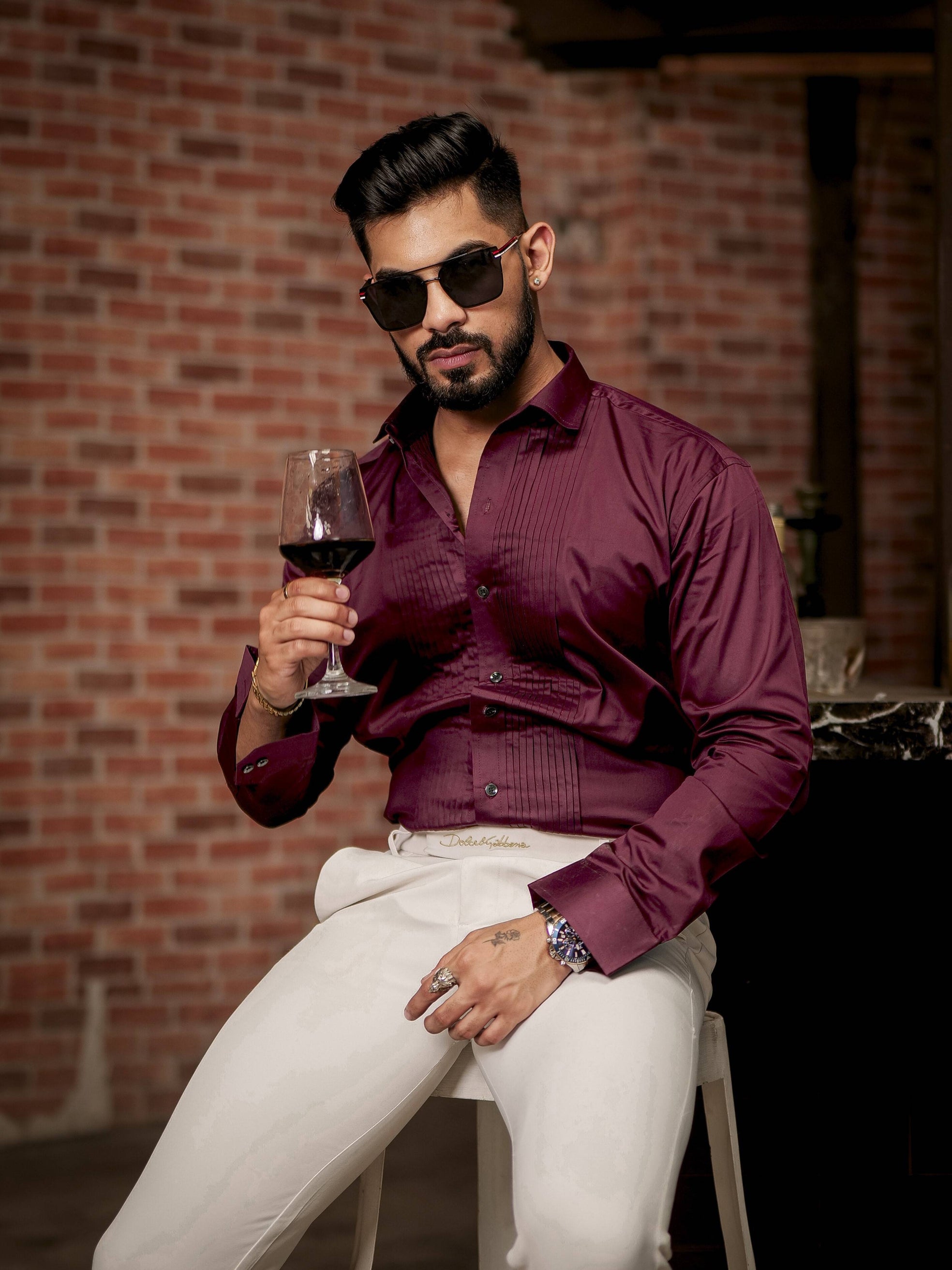 Wine Subtle Sheen Tuxedo Premium Giza Satin Cotton Shirt