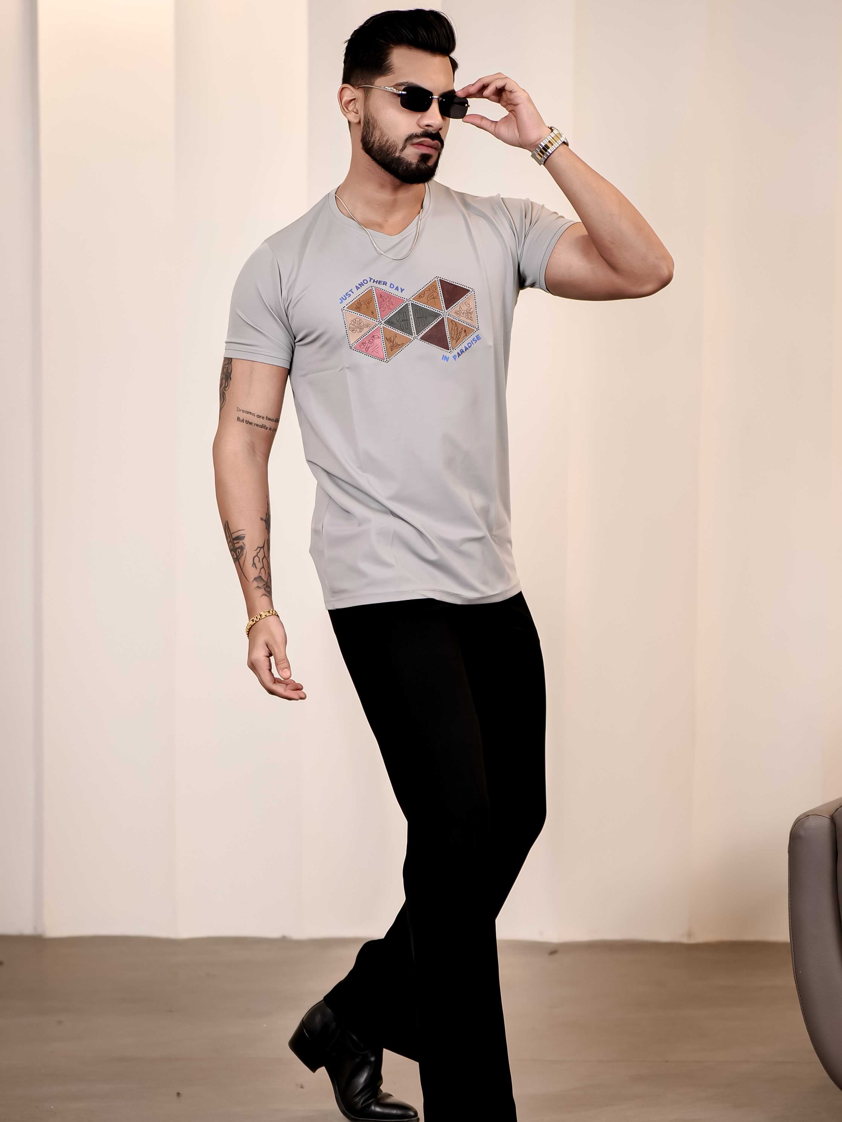 Grey Round Neck Imported Cotton Half Sleeve Premium Designer T-Shirt