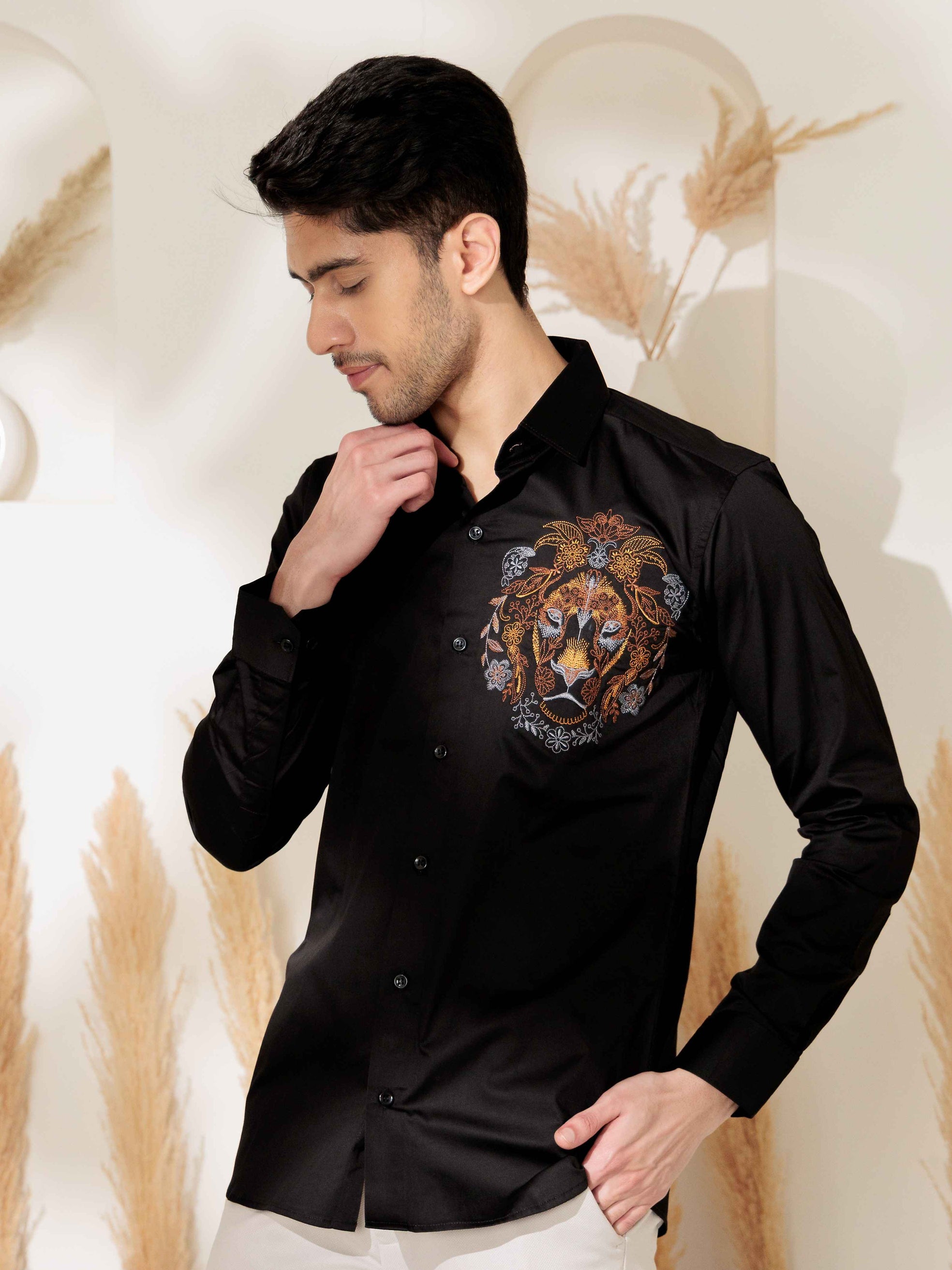 FOOMER BLACK LION EMBROIDERED CLUB WEAR SATIN COTTON SHIRT