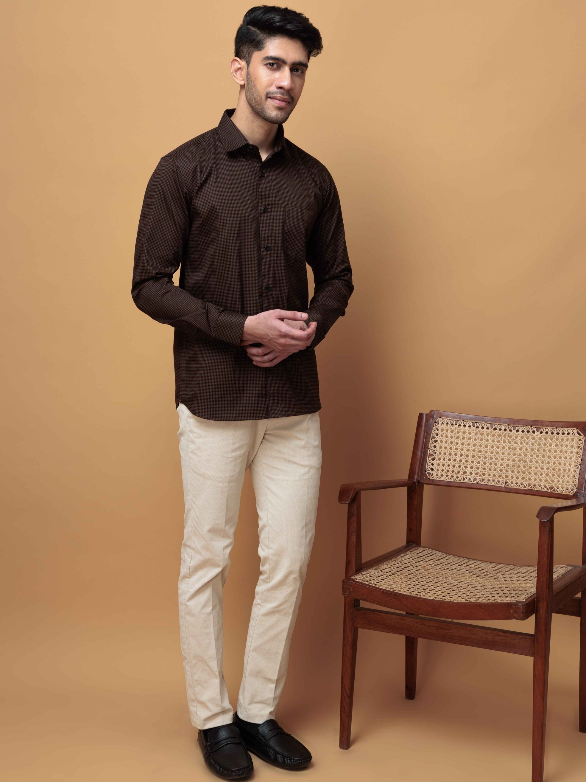 FOOMER BROWN MINI CHECKED COTTON CASUAL SHIRT FOR MEN'S