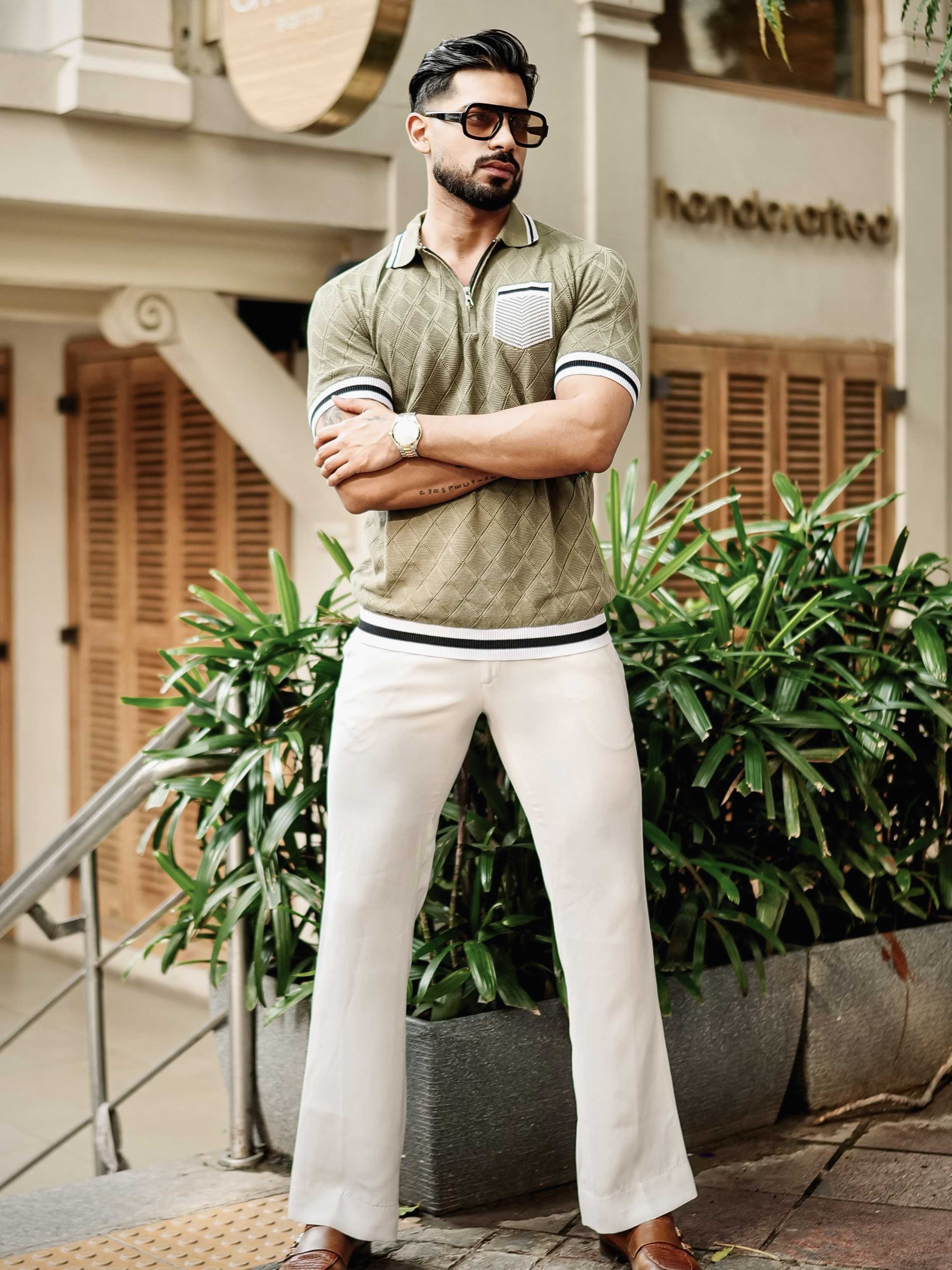 FOOMER GREEN HALF SLEEVE KNITTED TSHIRT FOR MEN'S