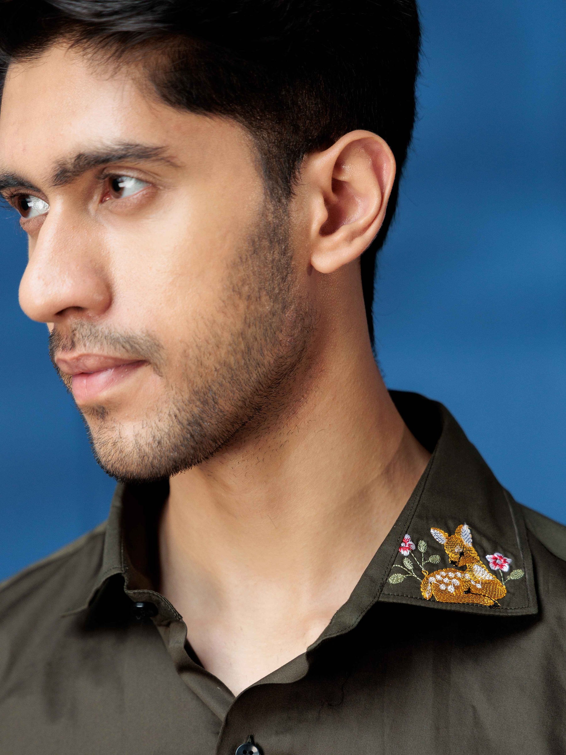 FOOMER OLIVE DEER EMBROIDERY SATIN COTTON PREMIUM SHIRT