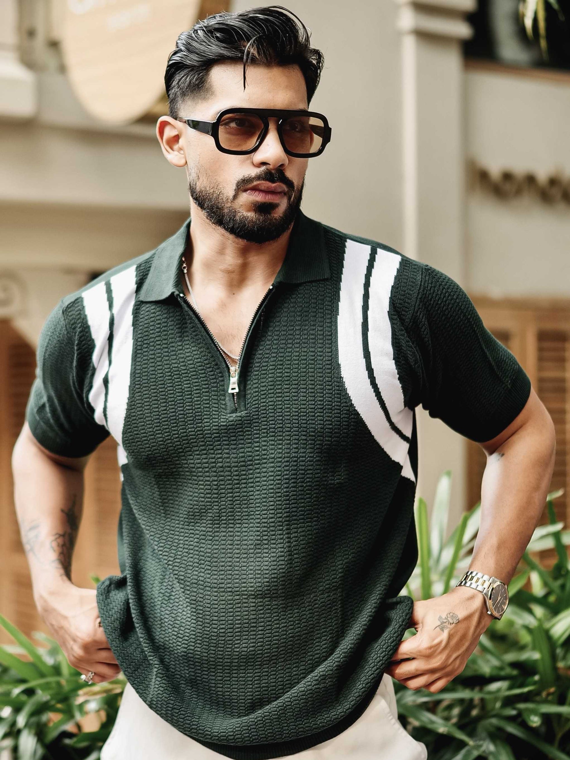 FOOMER GREEN HALF SLEEVE KNITTED TSHIRT FOR MEN'S