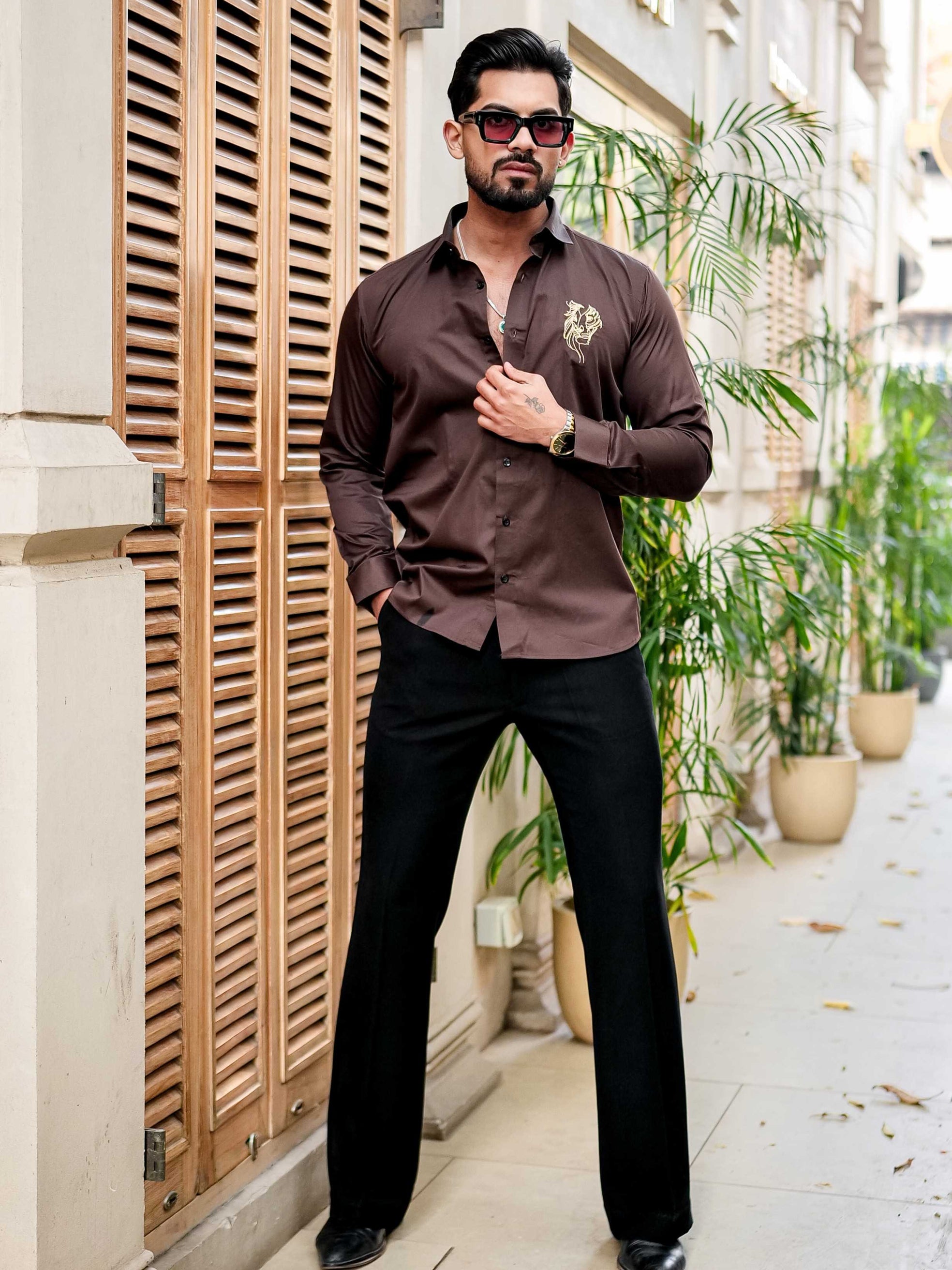 Brown Club Wear Embroidery Satin Cotton Shirt