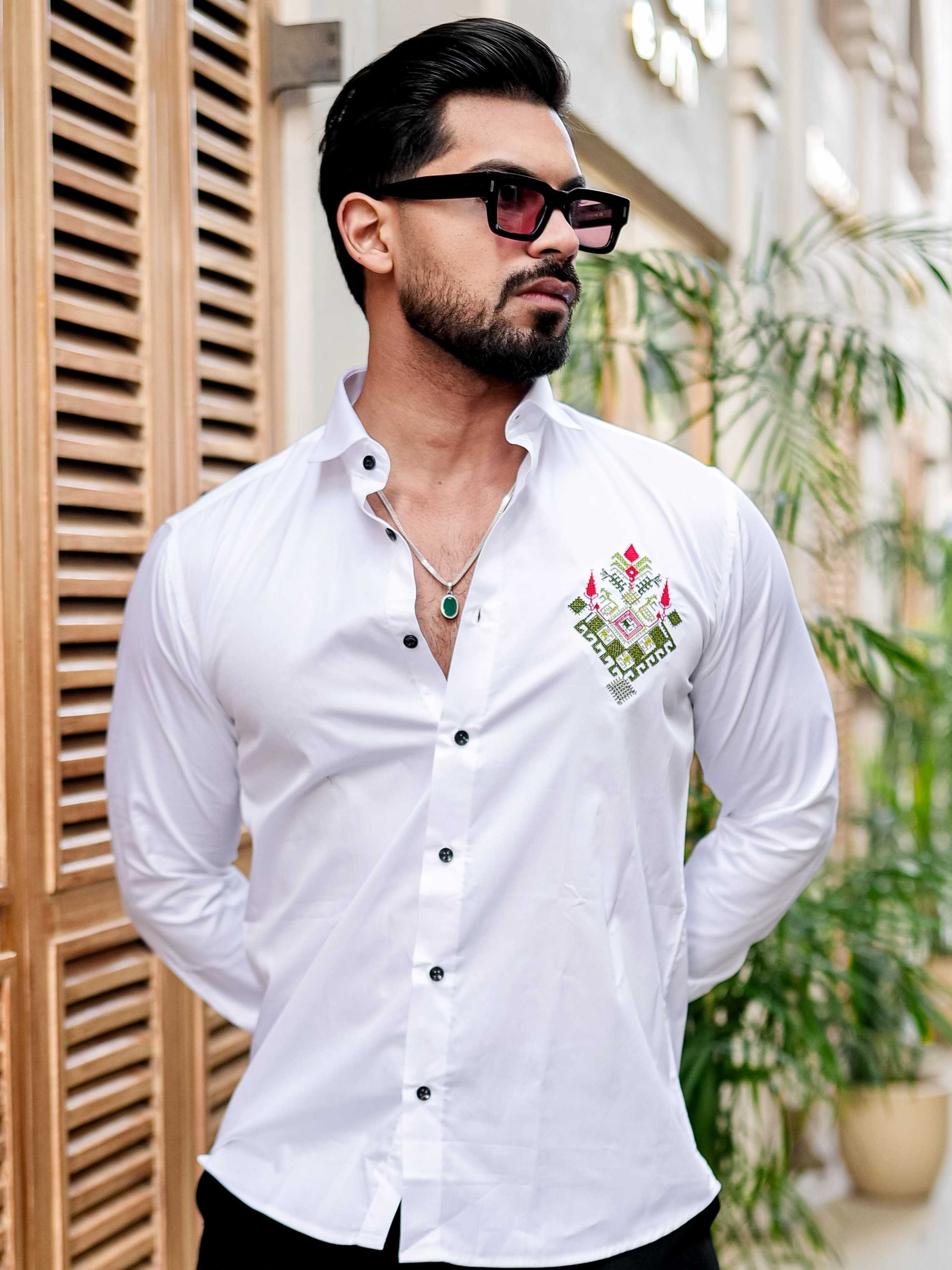 WHITE EMBROIDERED DESIGNER SATIN COTTON SHIRT FOR MEN'S
