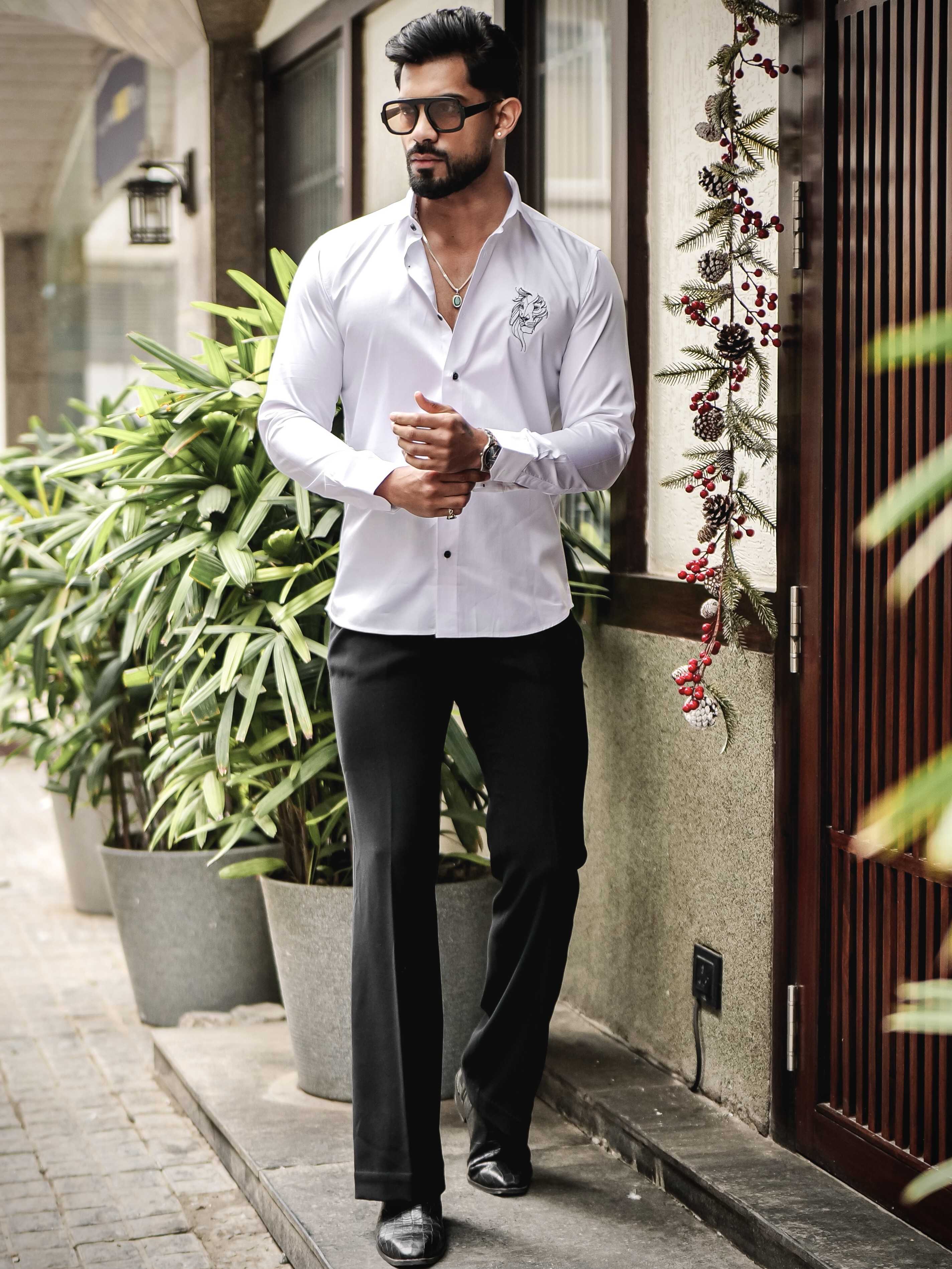 WHITE CLUB WEAR EMBROIDERY SATIN COTTON SHIRT