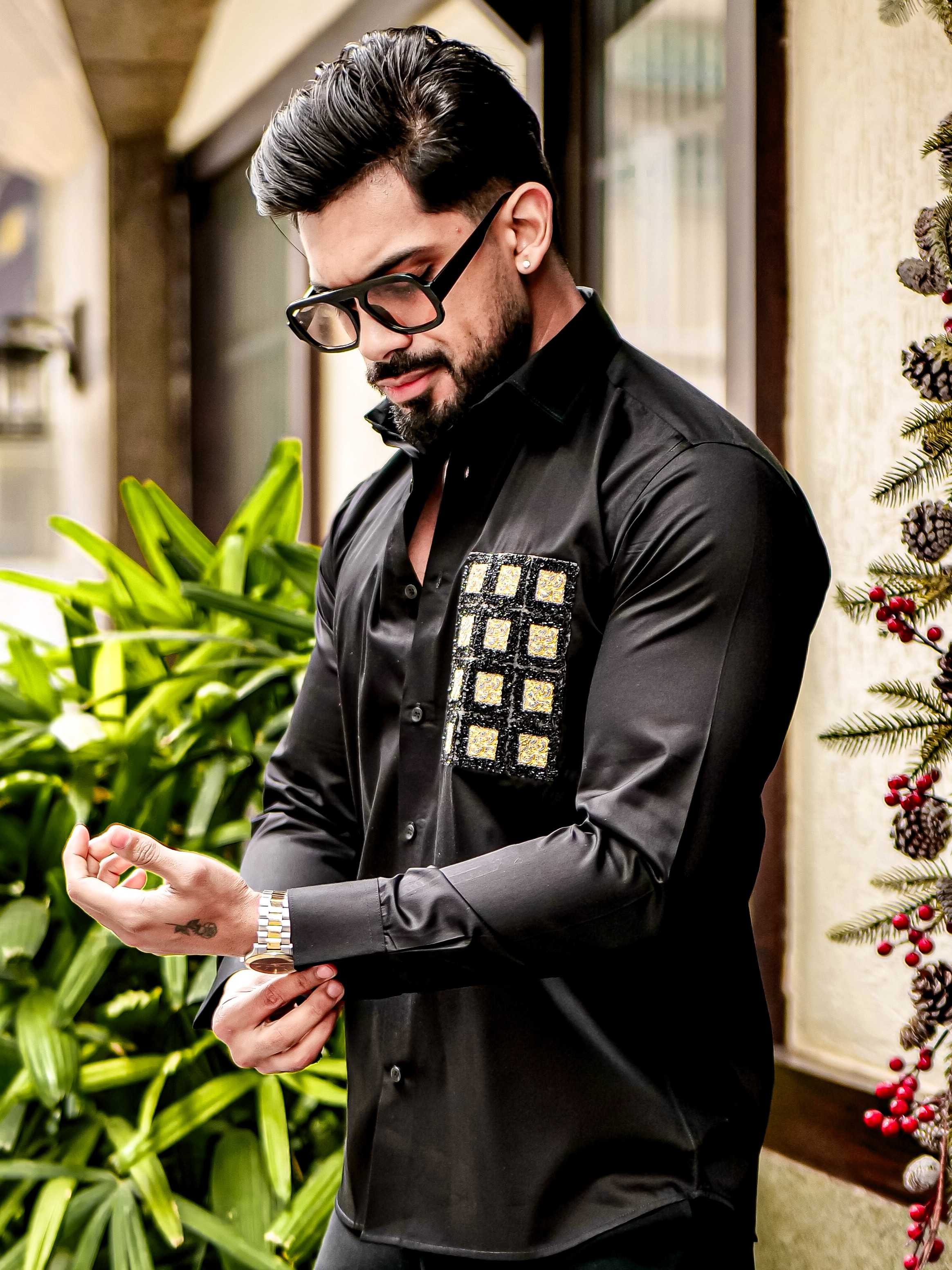 BLACK CLUB WEAR BOX PRINTED SATIN COTTON MEN'S SHIRT