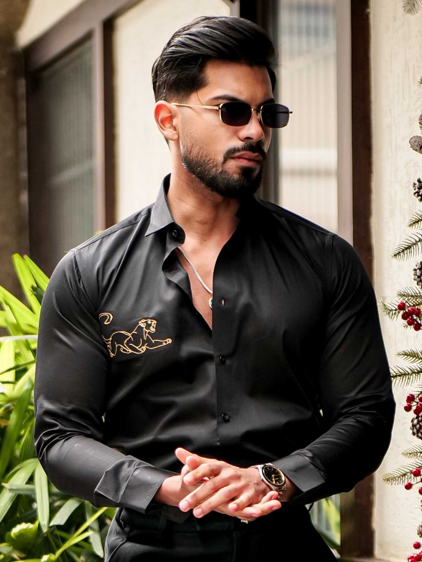 BLACK EMBROIDERED DESIGNER SATIN COTTON SHIRT FOR MEN'S